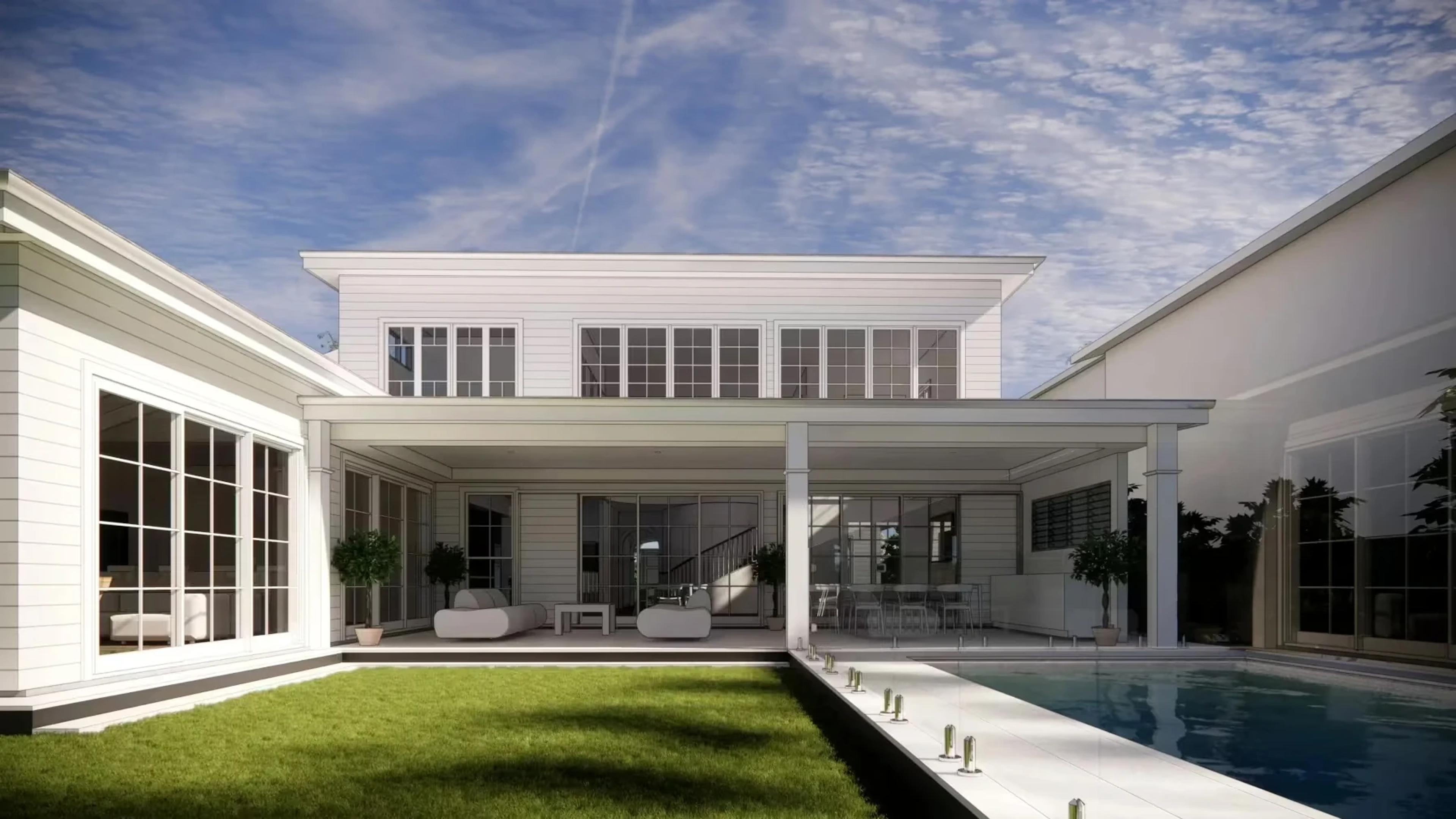 Rear courtyard render with covered terrace and swimming pool
