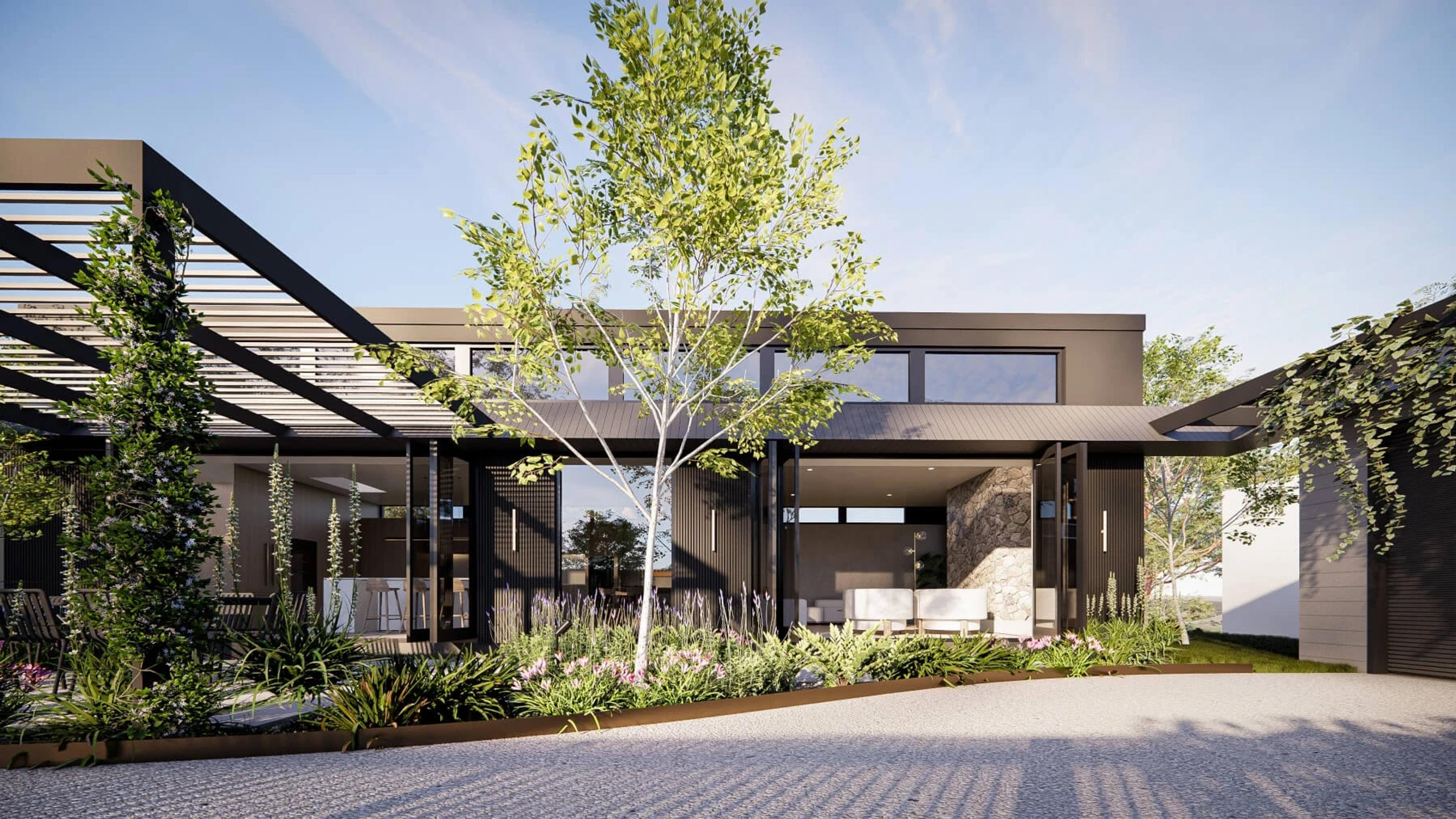 Front exterior render of dark clad home with pergola and garden