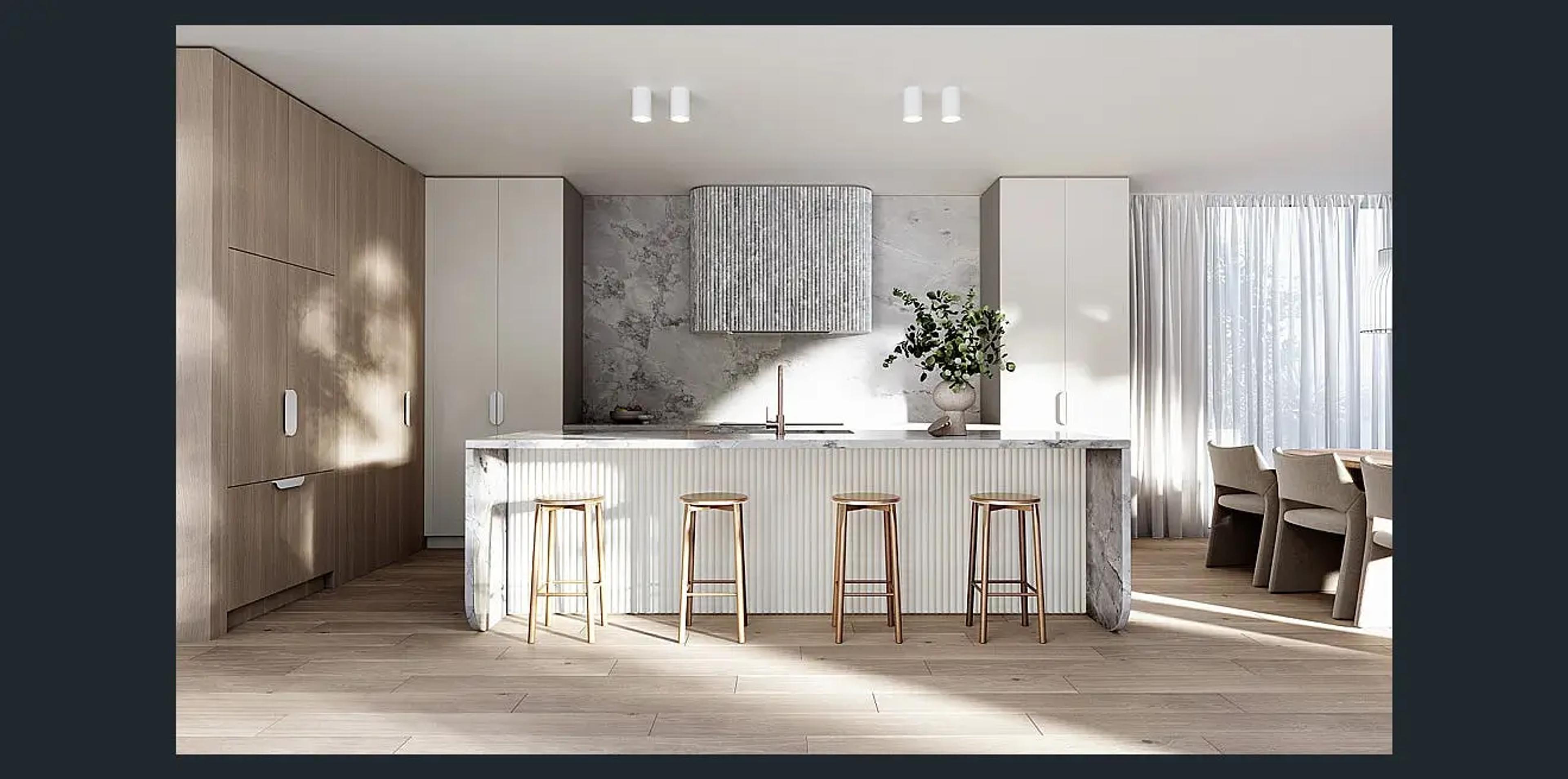 Modern kitchen with island bench, timber stools and marble splashback