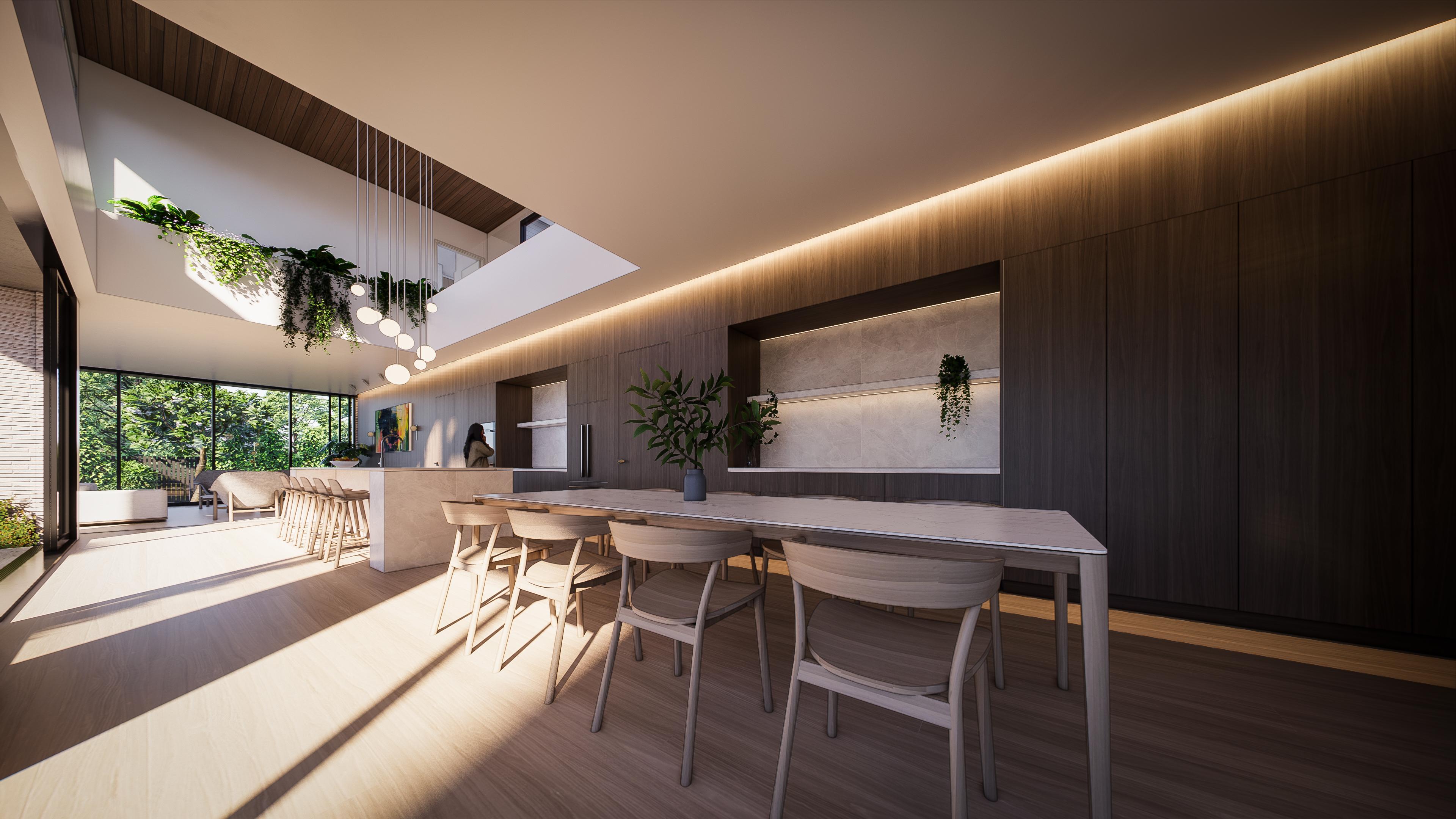 Timber dining table and chairs beneath a skylit void with hanging greenery, stone splashbacks and warm timber joinery