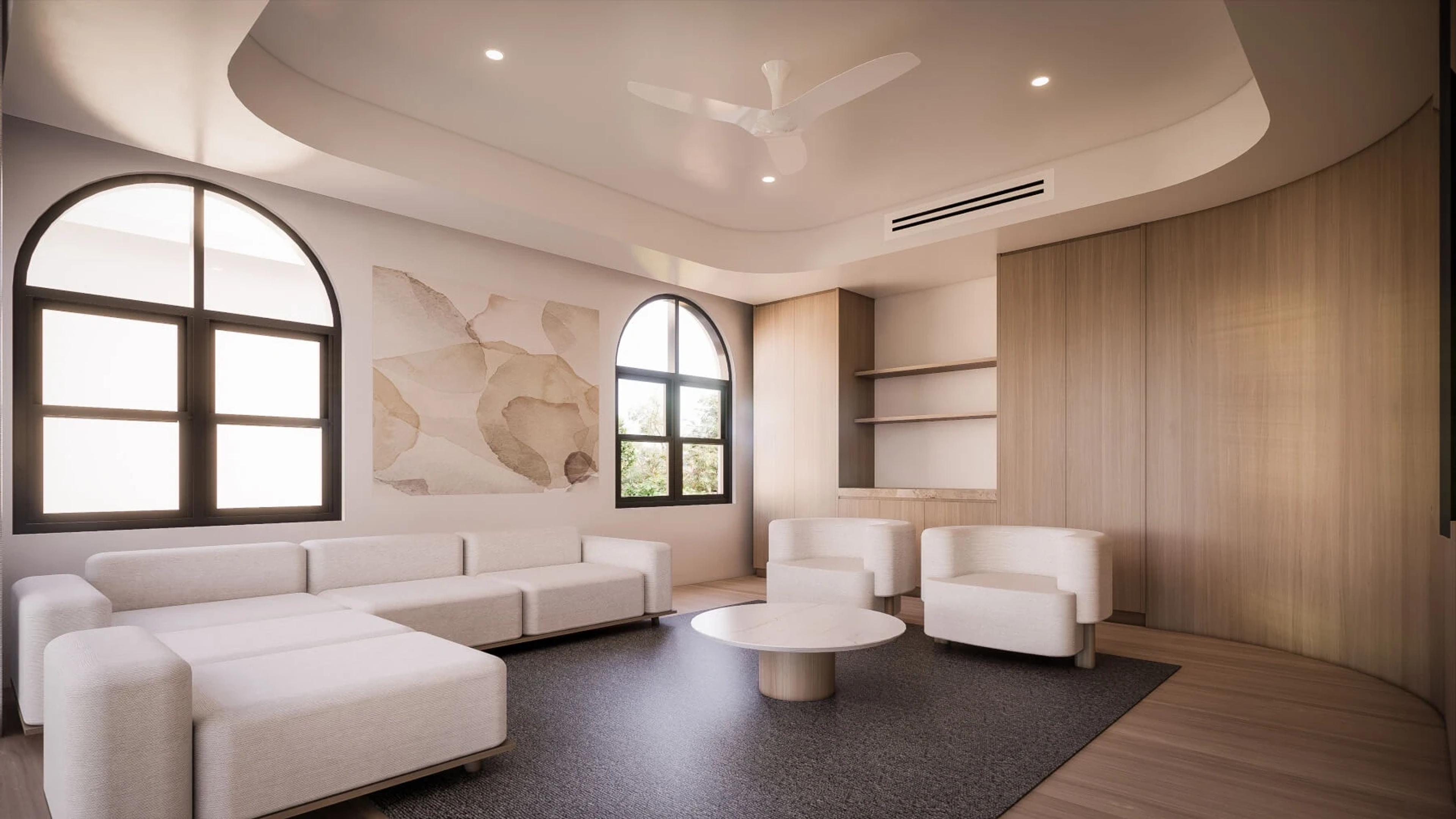 Sitting room render with arched windows and curved ceiling