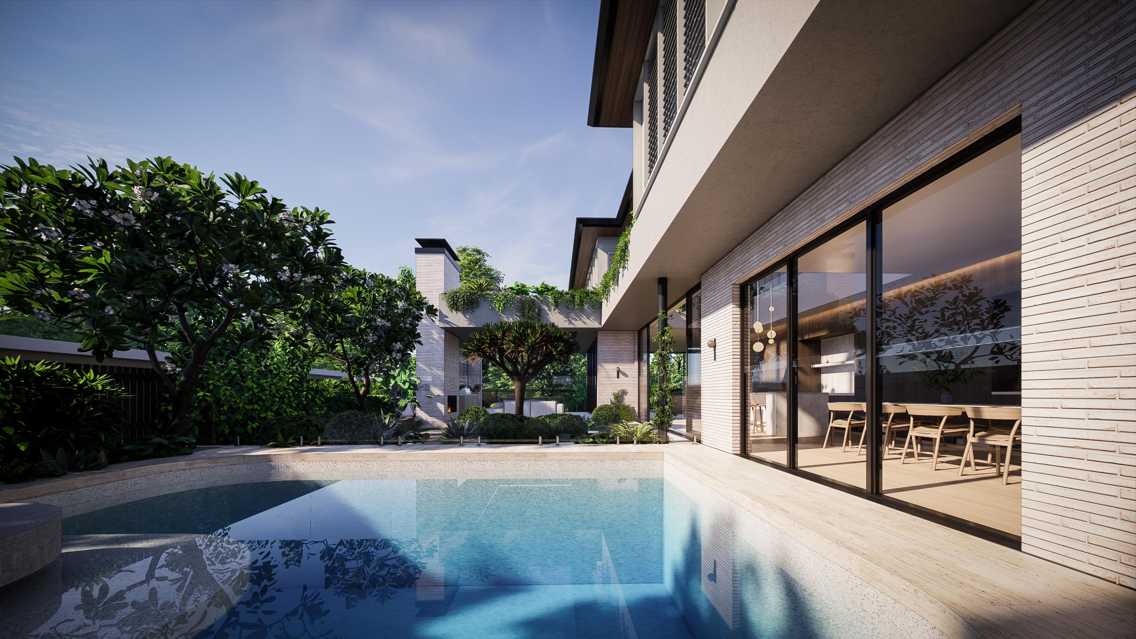Lap pool running alongside white brick walls and sliding glass doors that reveal the timber kitchen and dining interior