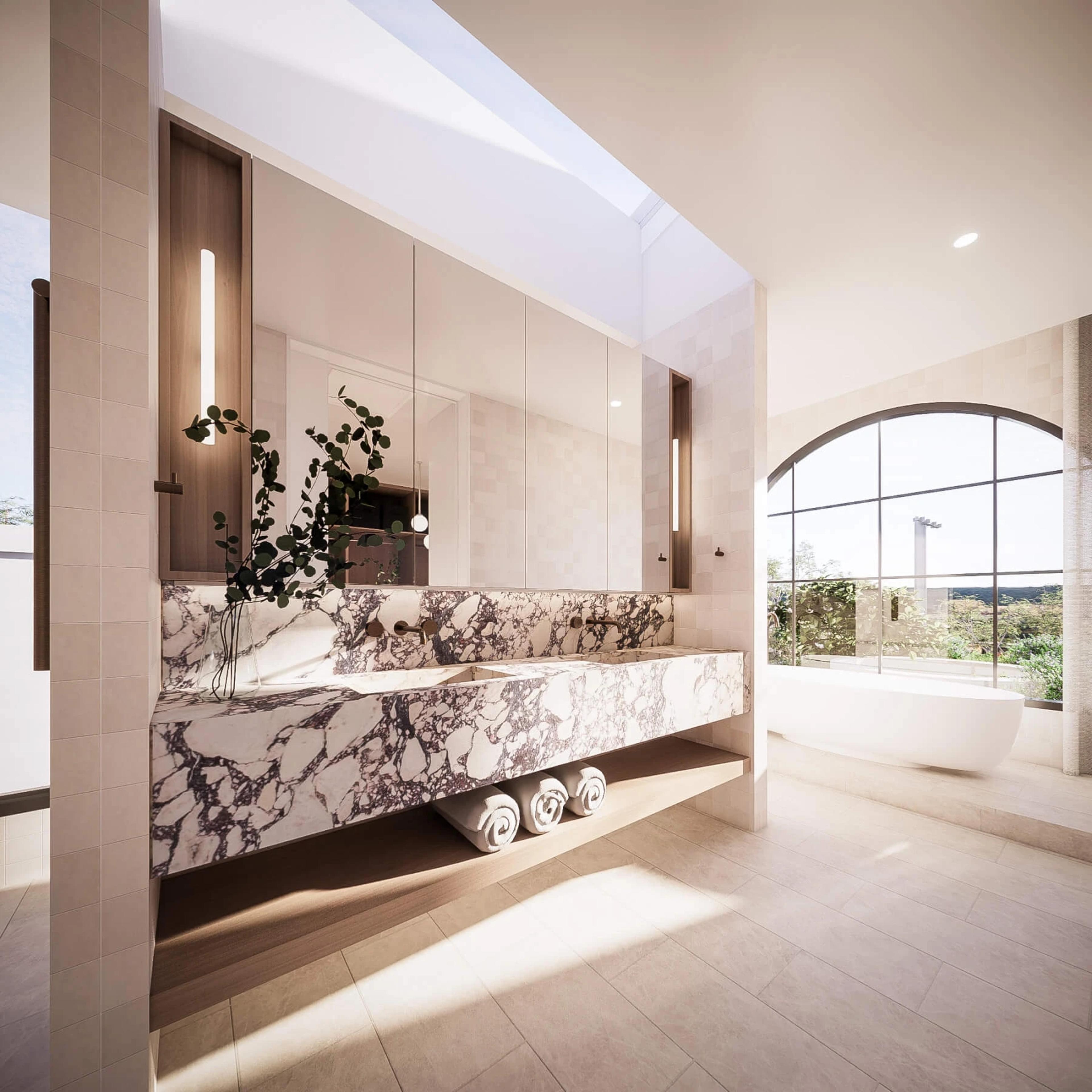 Bathroom render with marble vanity, freestanding tub and arched window
