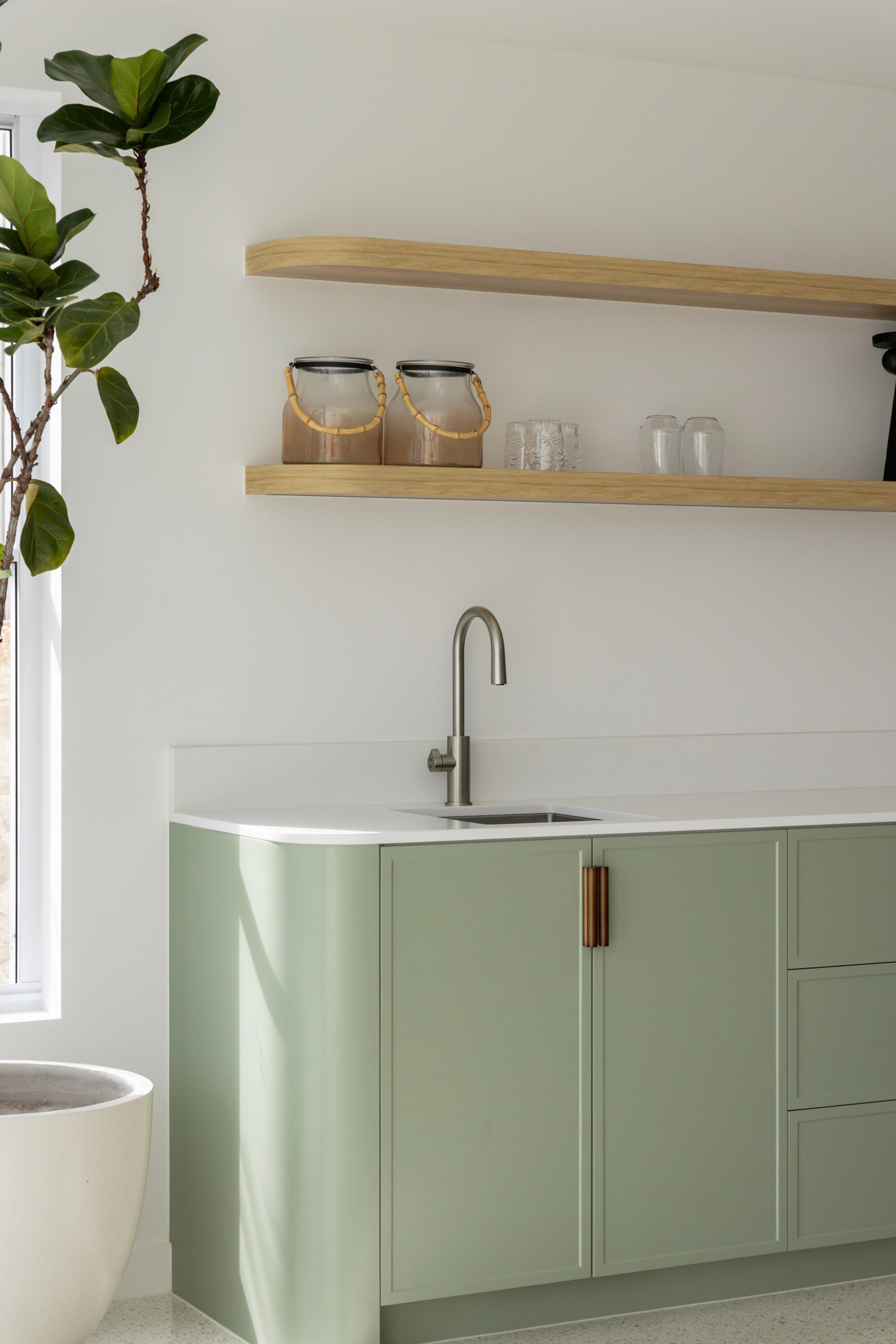 Green bar cabinetry with sink and timber shelves