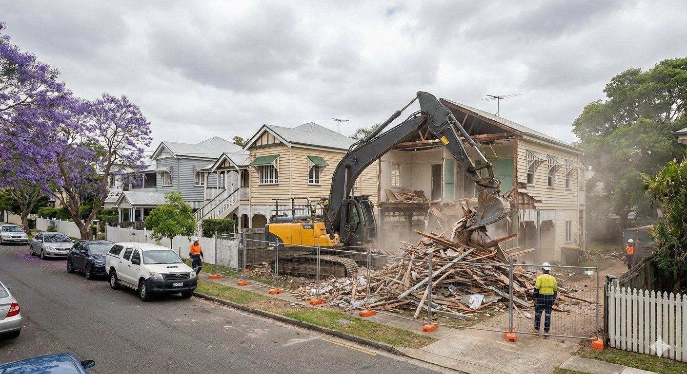 A large excavator performing a home demolition on a residential street in Brisbane.