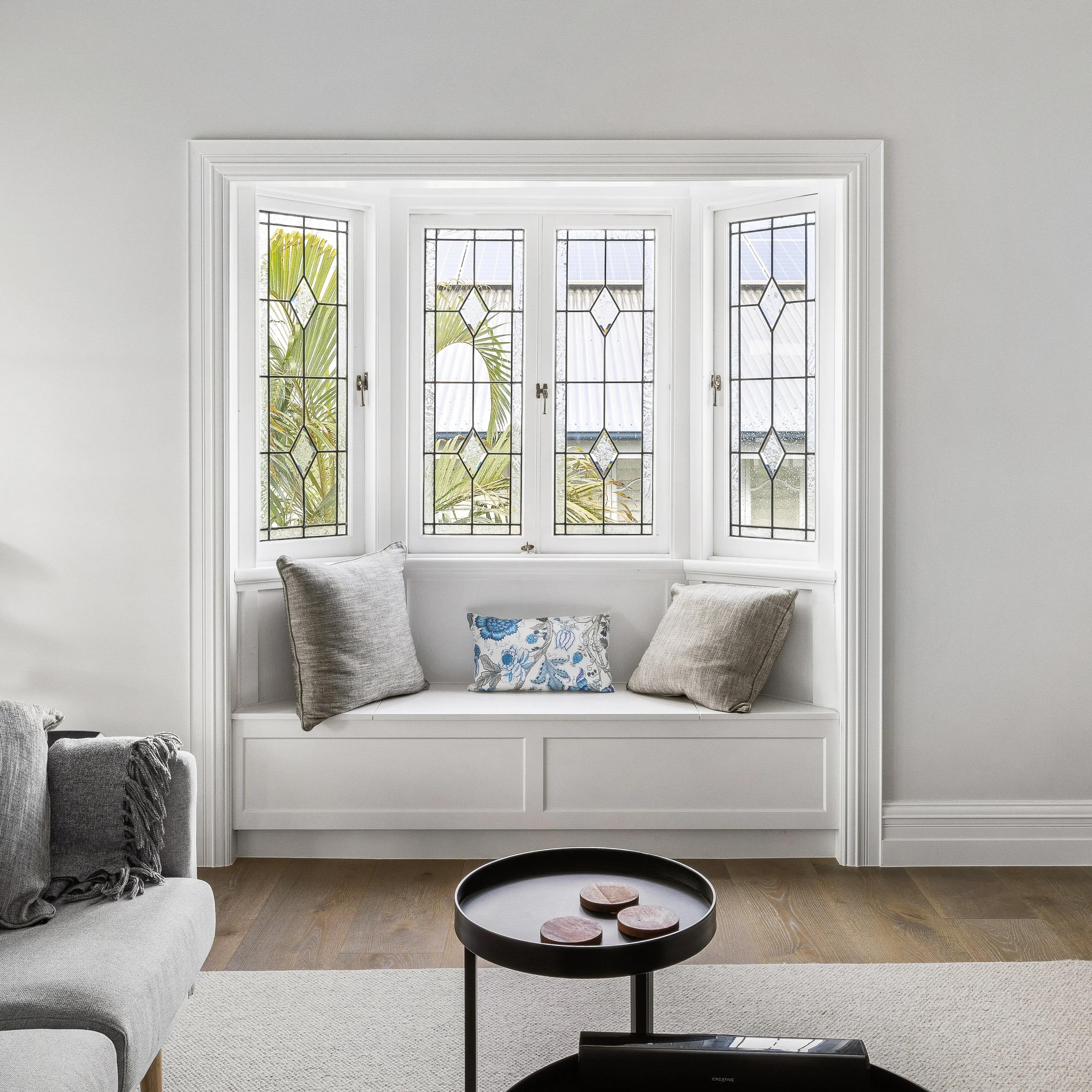 Leadlight bay window with built in cushioned window seat
