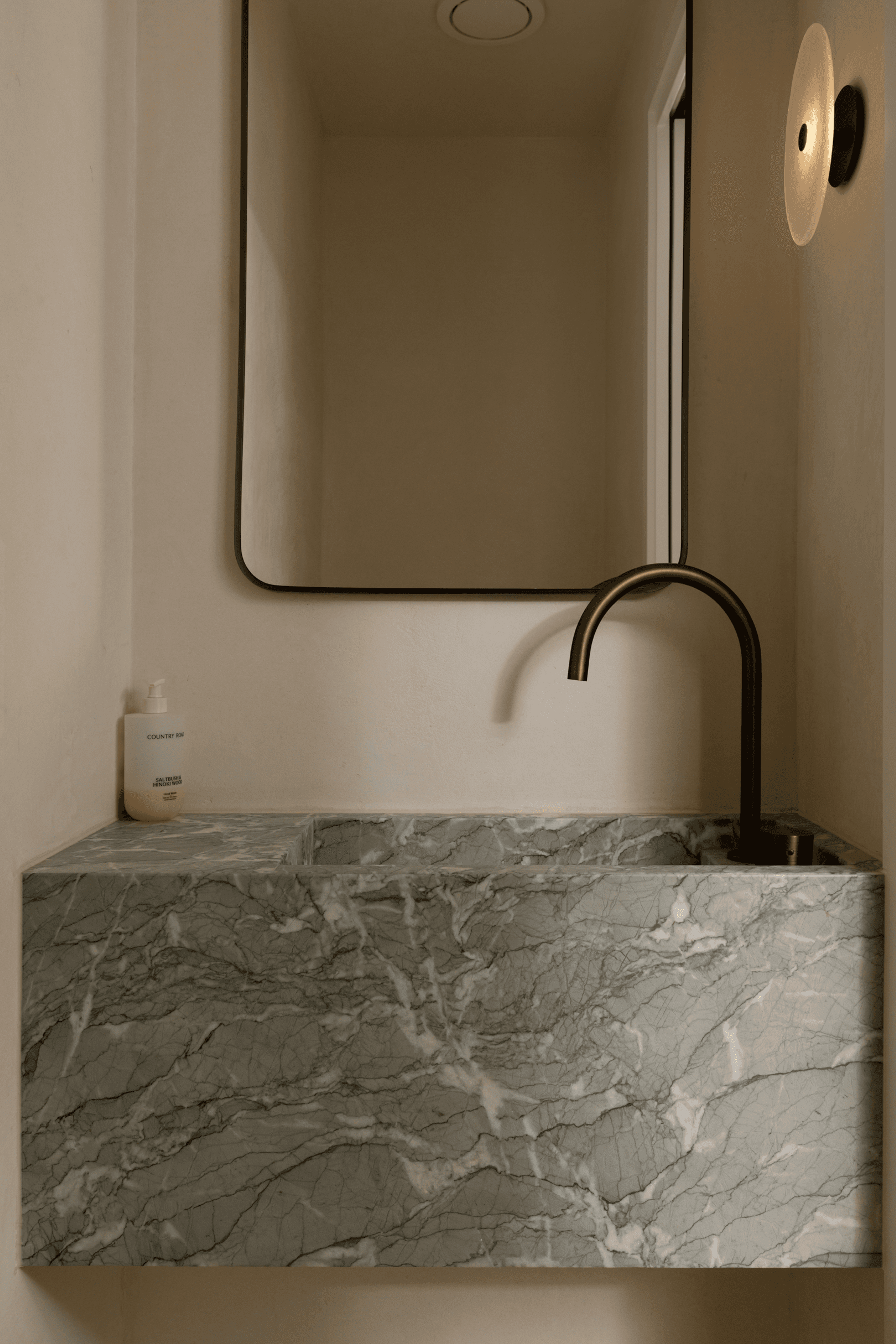 Powder room with marble basin and rectangular mirror