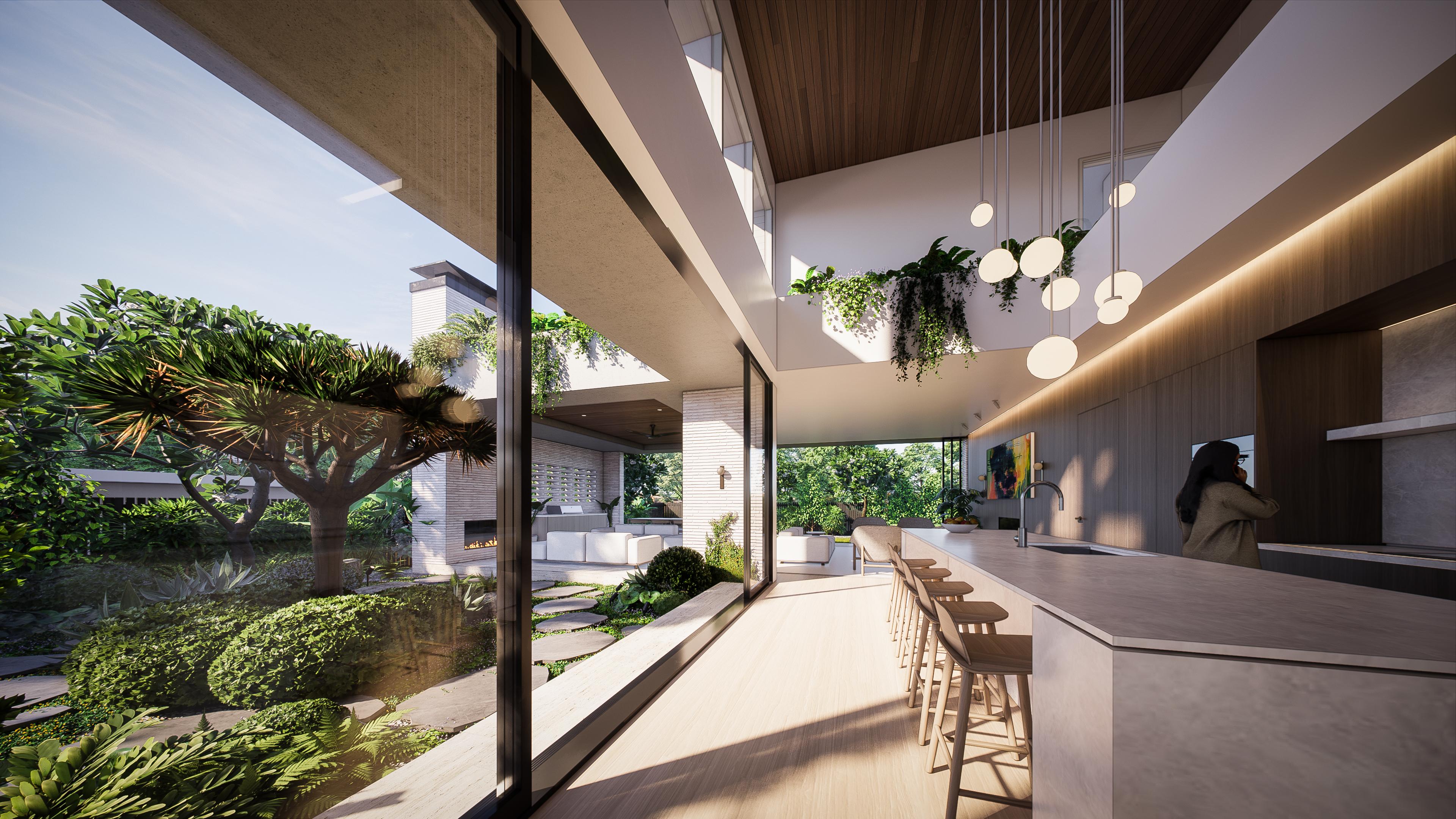 Kitchen bench and stools beside a glazed wall opening to the courtyard garden, dragon tree and covered alfresco beyond