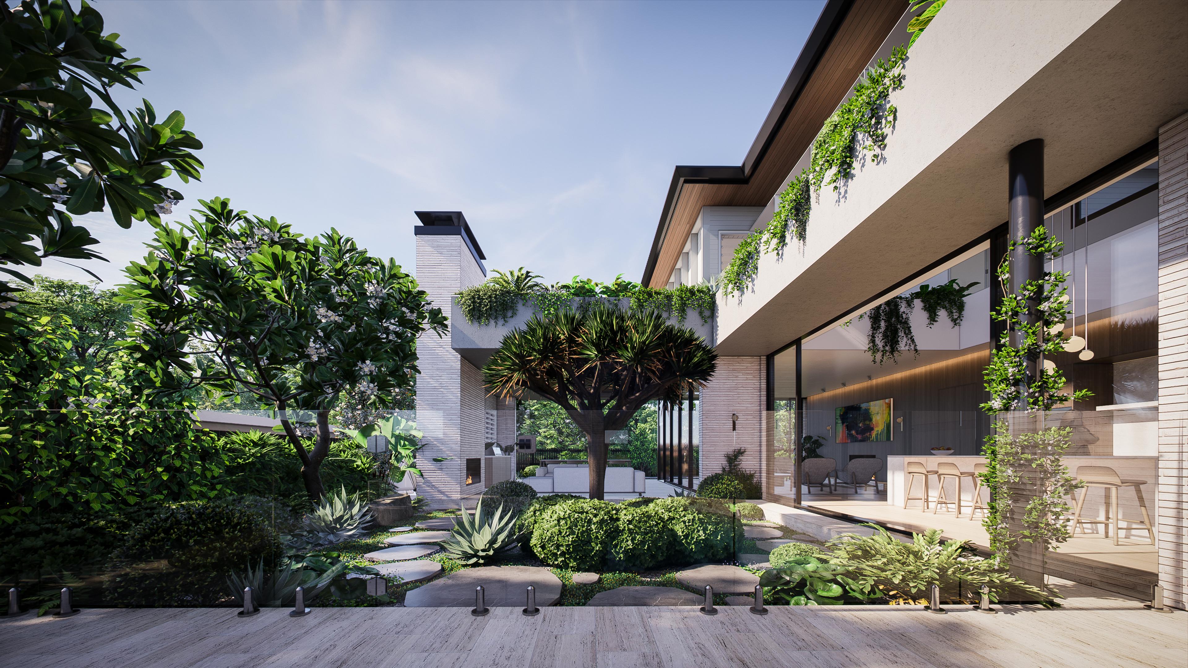 Wide courtyard view with layered planting, dragon tree and glass balustrade beside the open kitchen and pool terrace