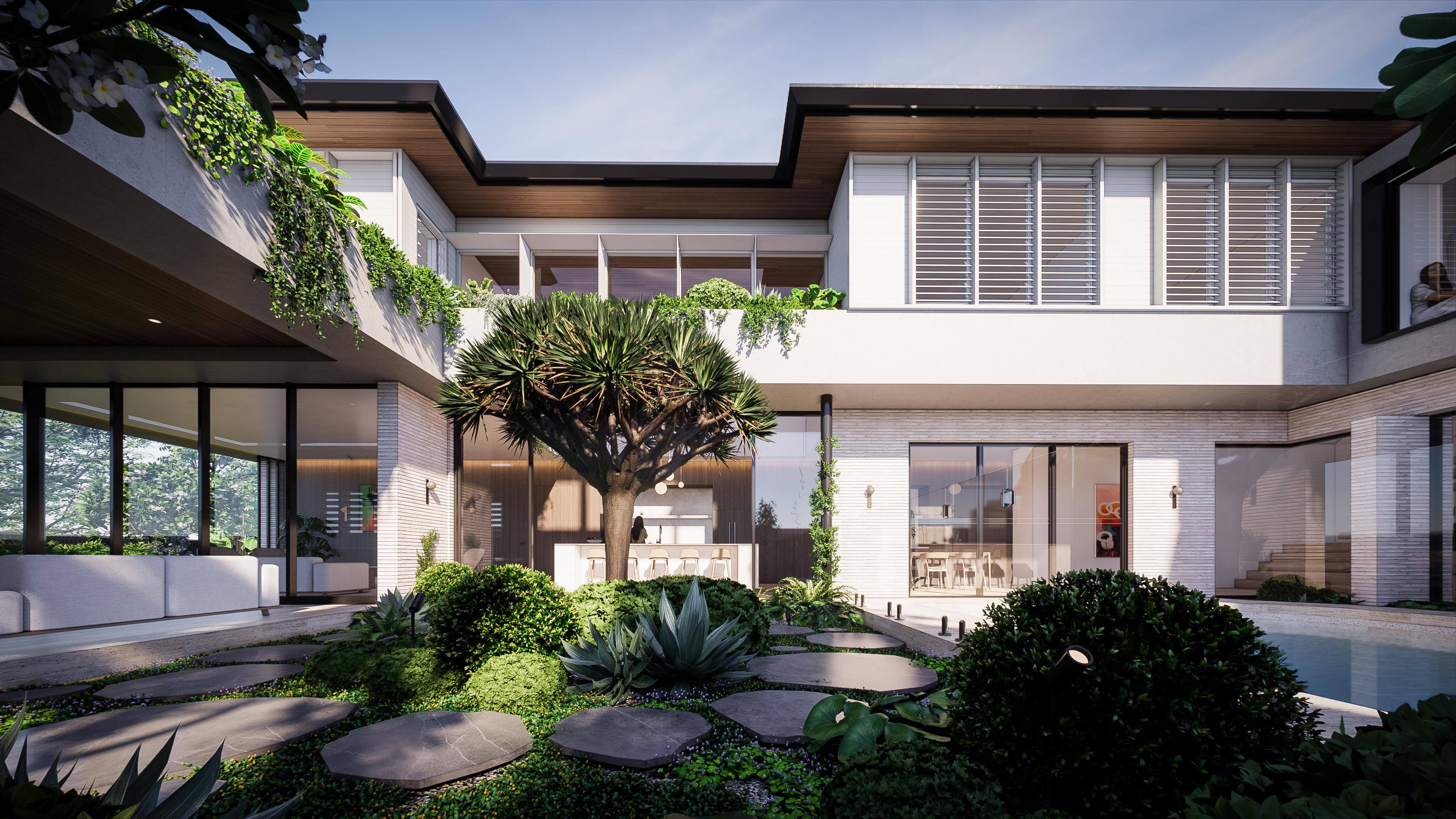 Internal courtyard garden with a sculptural dragon tree, stepping stones and succulents wrapped by glazed living wings
