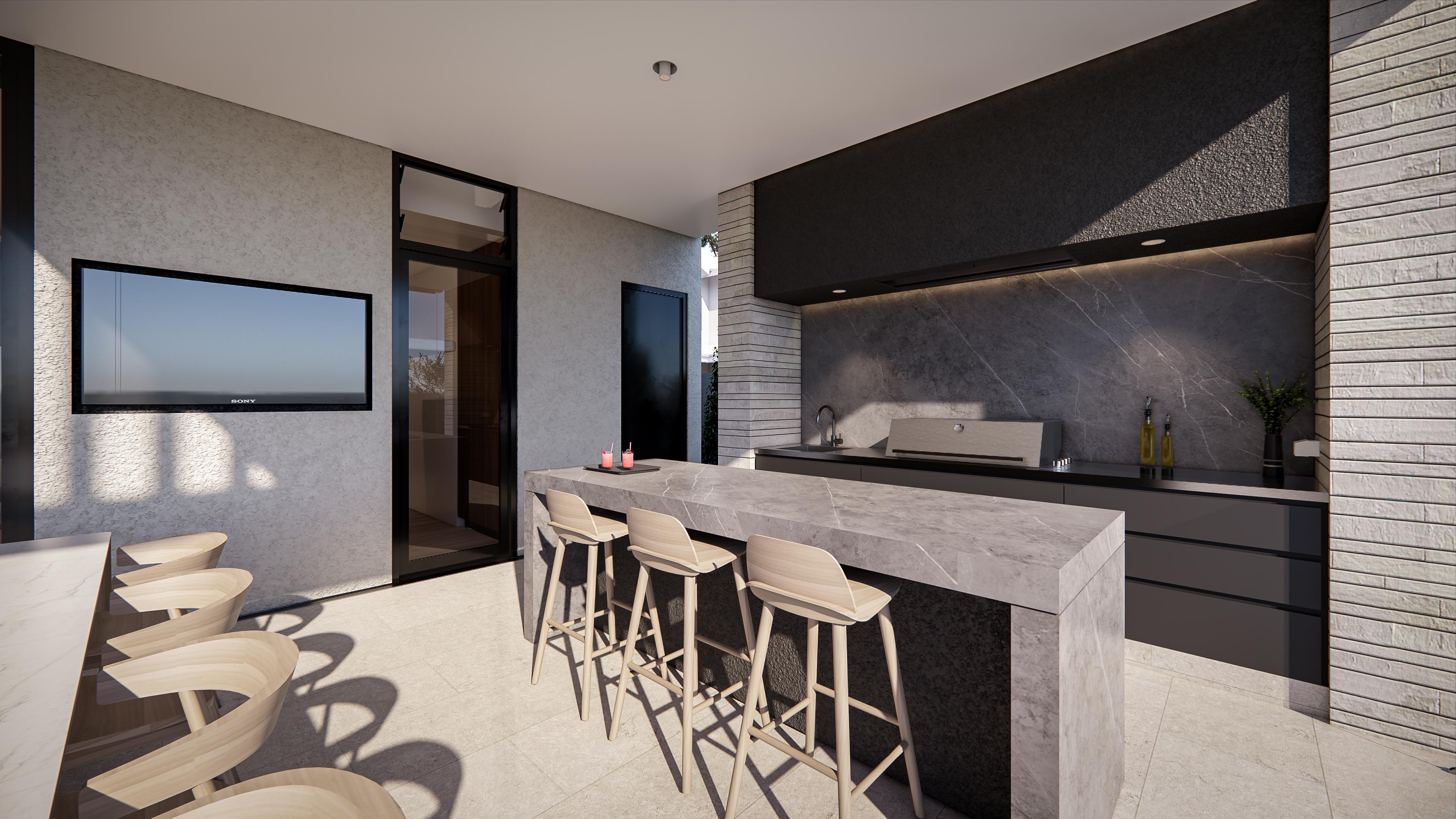 Alfresco kitchen bar with wall-mounted television, brick pier and dark stone splashback in daylight