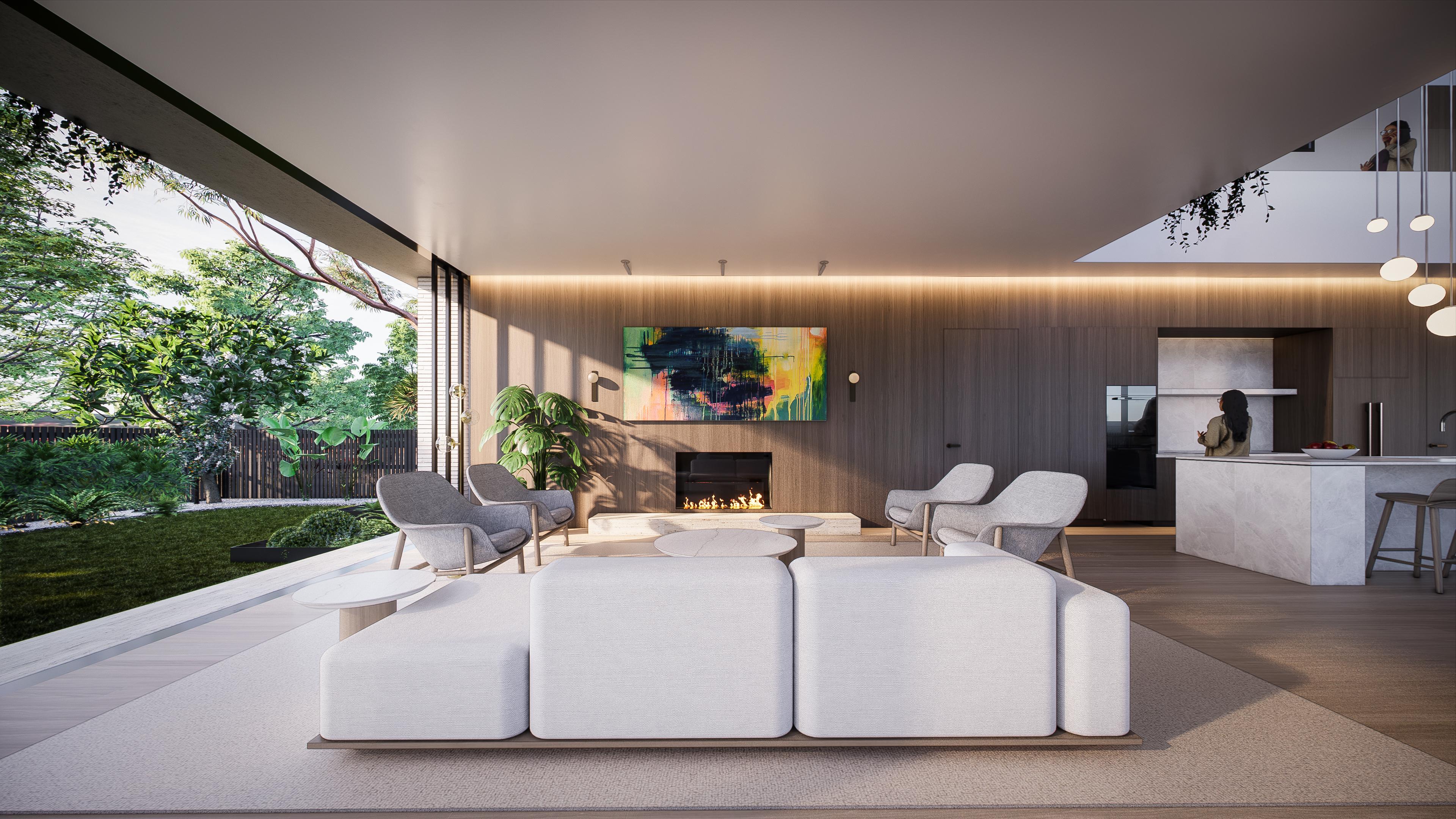 Open living room with white modular sofas, grey armchairs, a linear fireplace and bold artwork on a timber feature wall