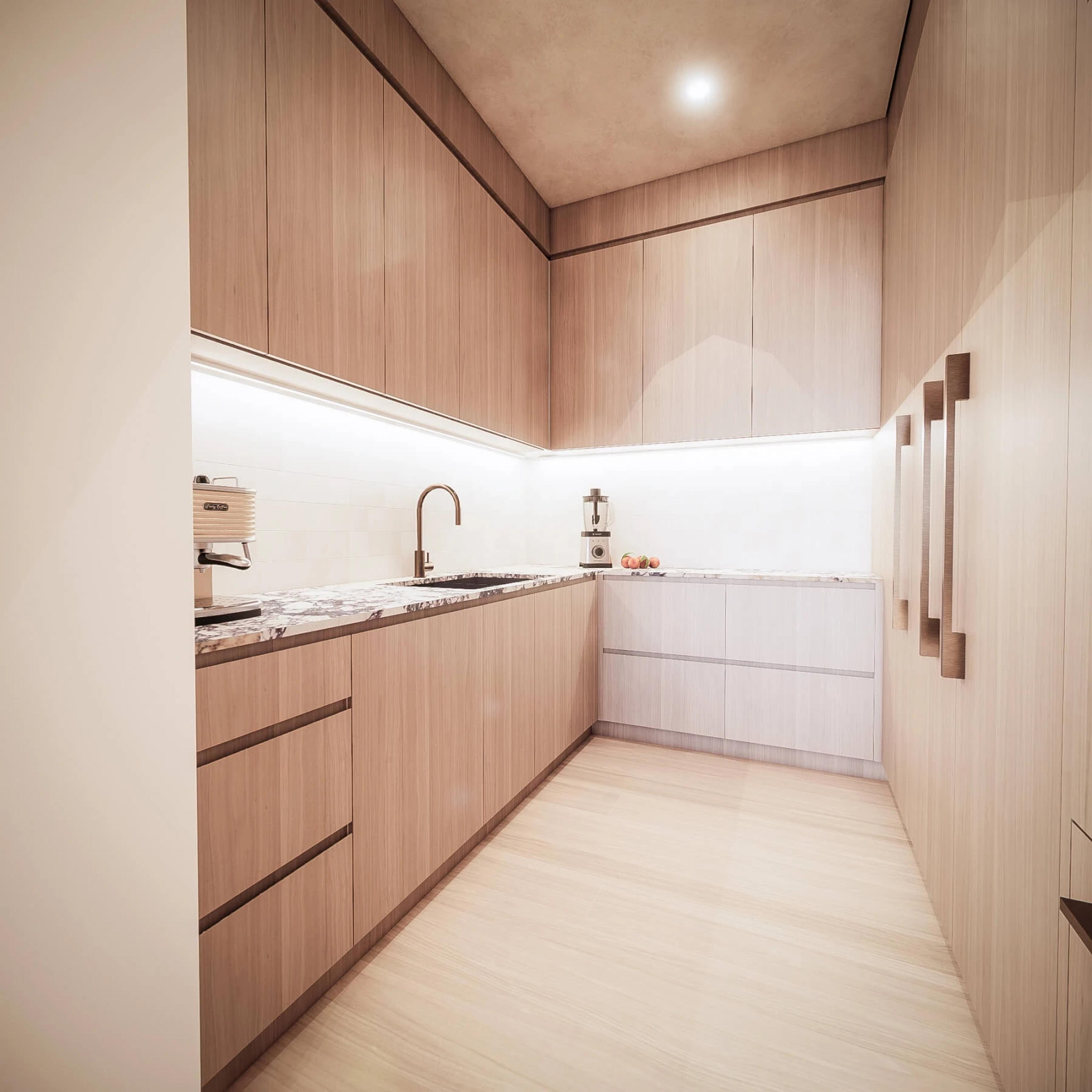 Butler pantry render with timber cabinetry and marble benchtop