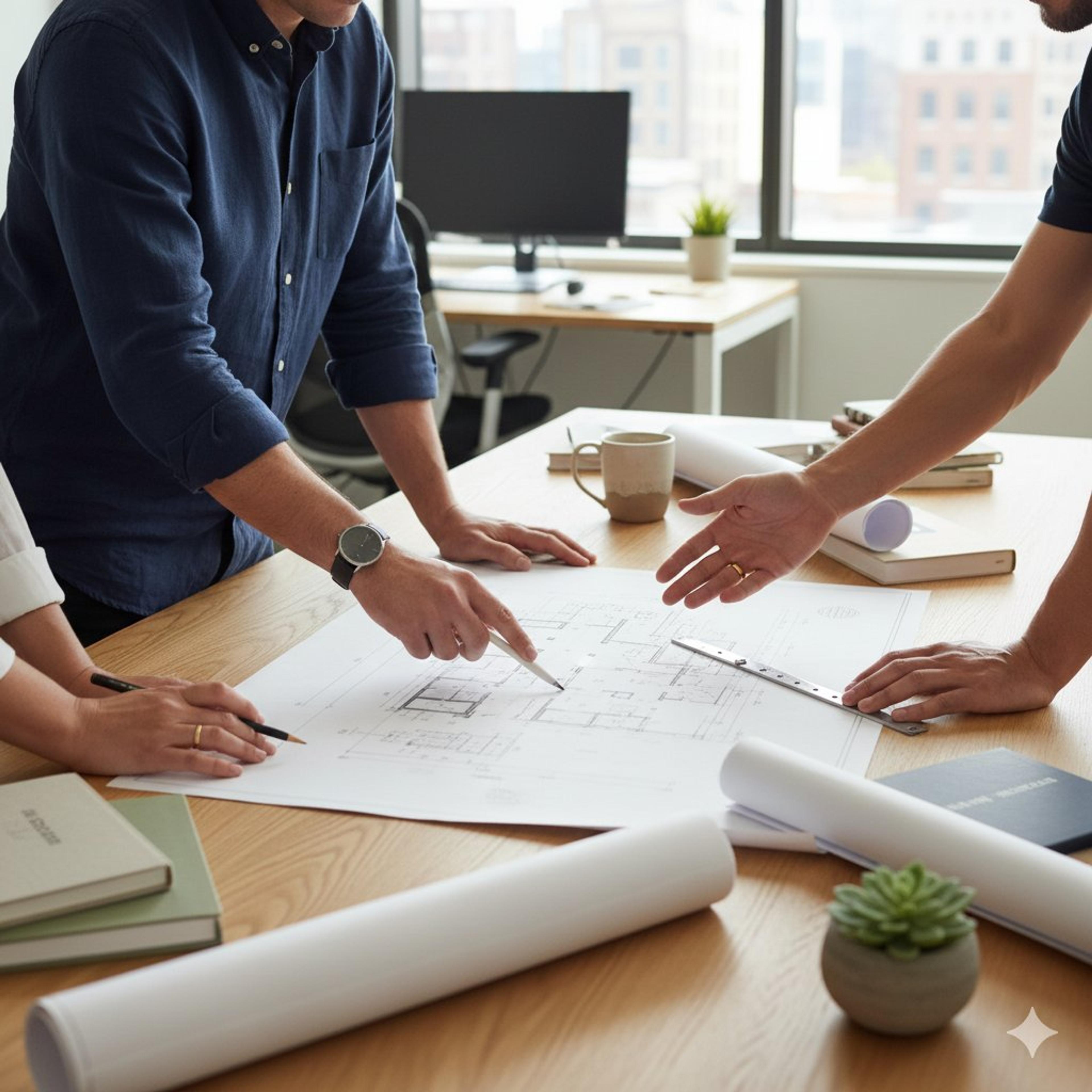 Architects reviewing residential floor plans during the planning stage