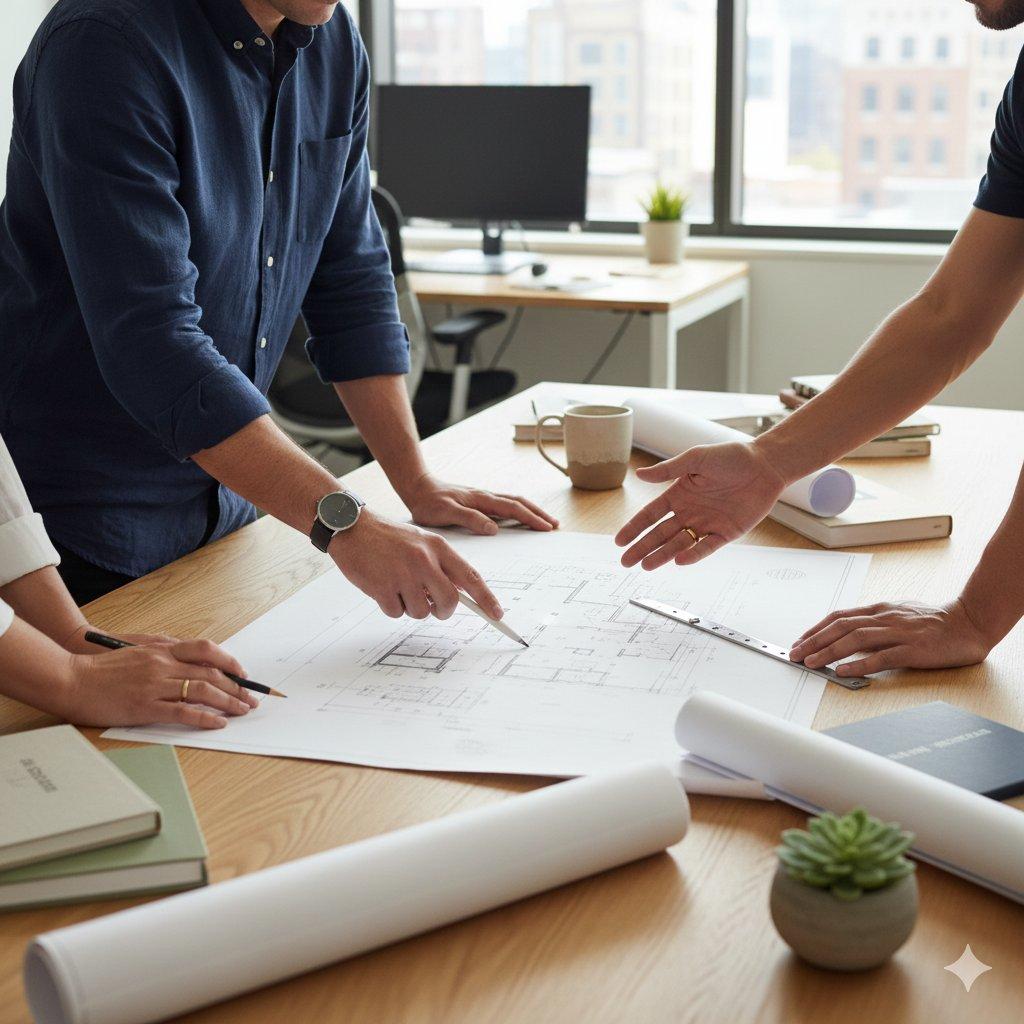 Architects reviewing residential floor plans during the planning stage