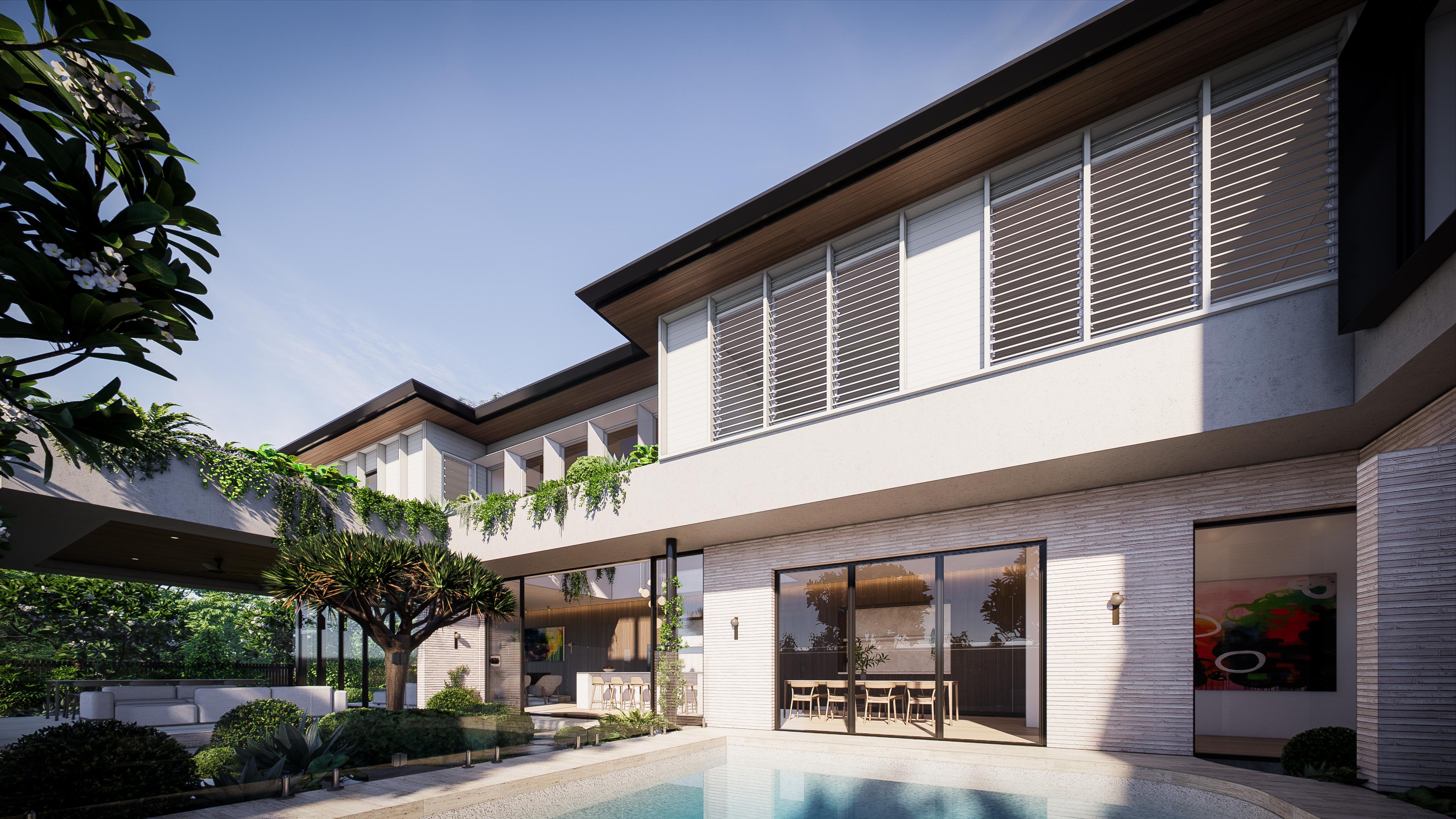 Pool courtyard framed by the upper level louvred windows, white brick walls and glazed sliders to the dining space