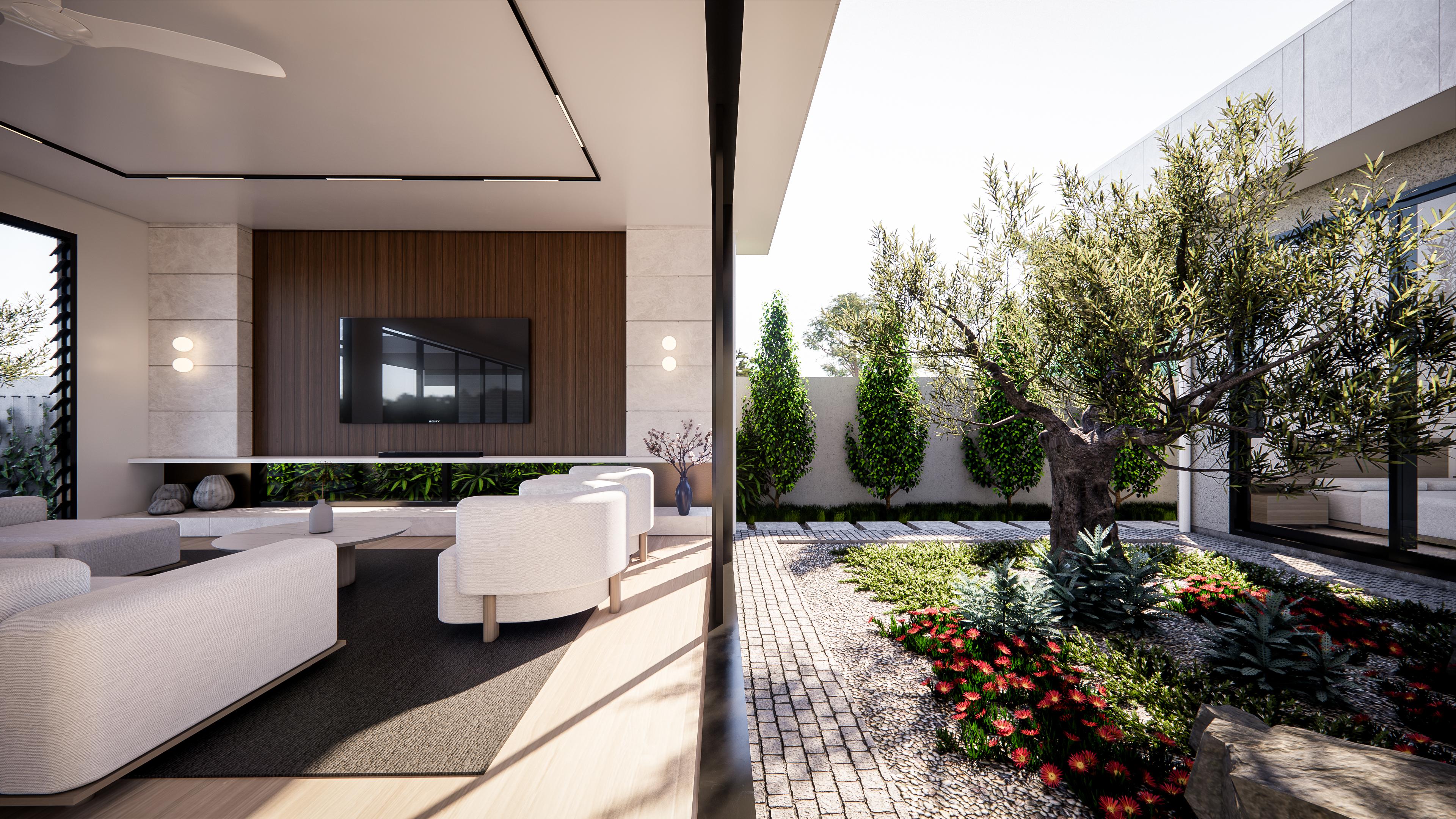 Media lounge opening to a paved internal courtyard with olive tree, clipped hedges and flowering garden beds