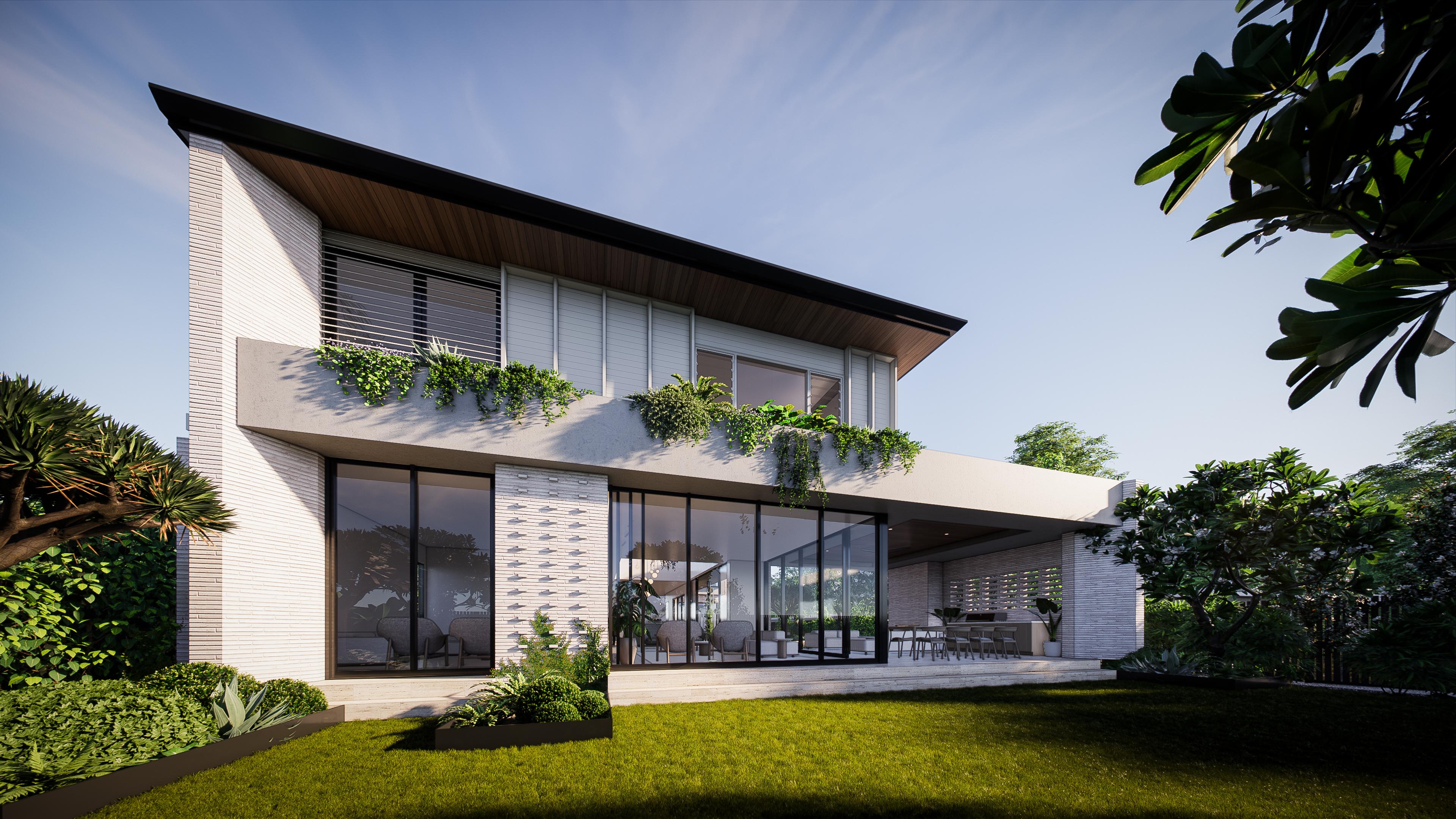 Rear facade in white brick and glass with a planted upper balcony and covered alfresco dining beside the garden