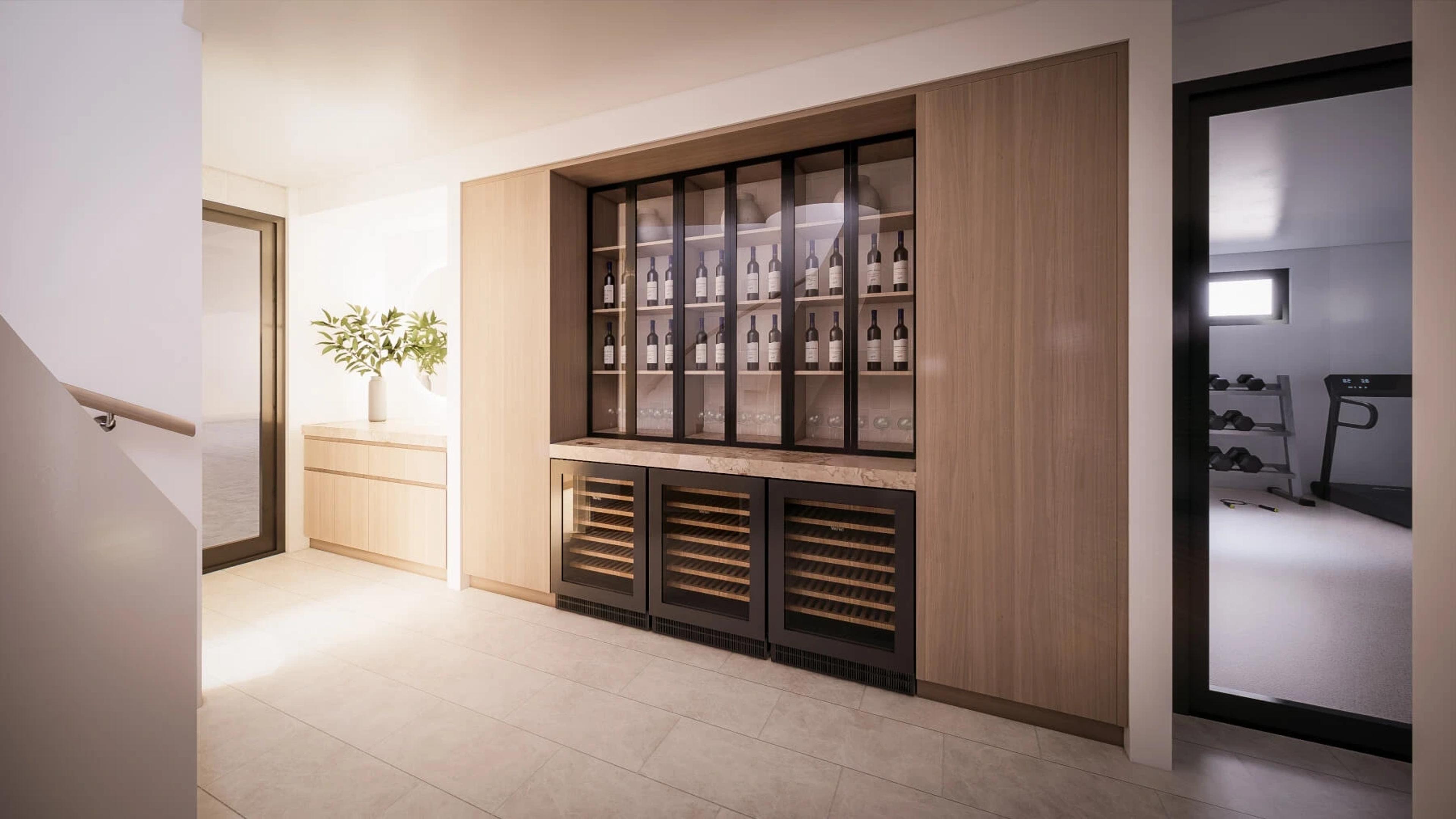 Butler bar render with wine fridges and glass display shelving