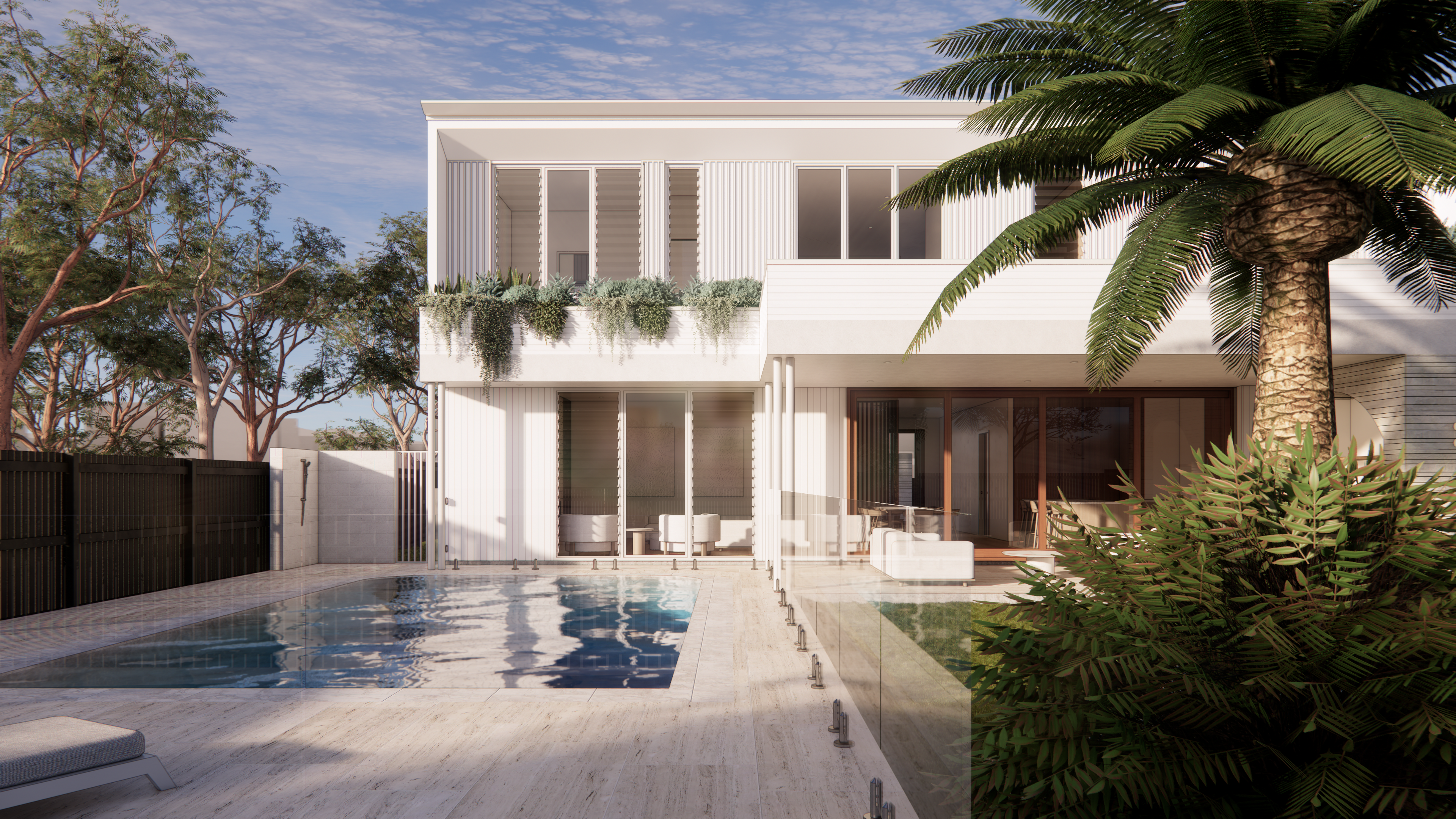 Rear elevation with lap pool, glass fencing and covered alfresco framed by white cladding and a mature palm