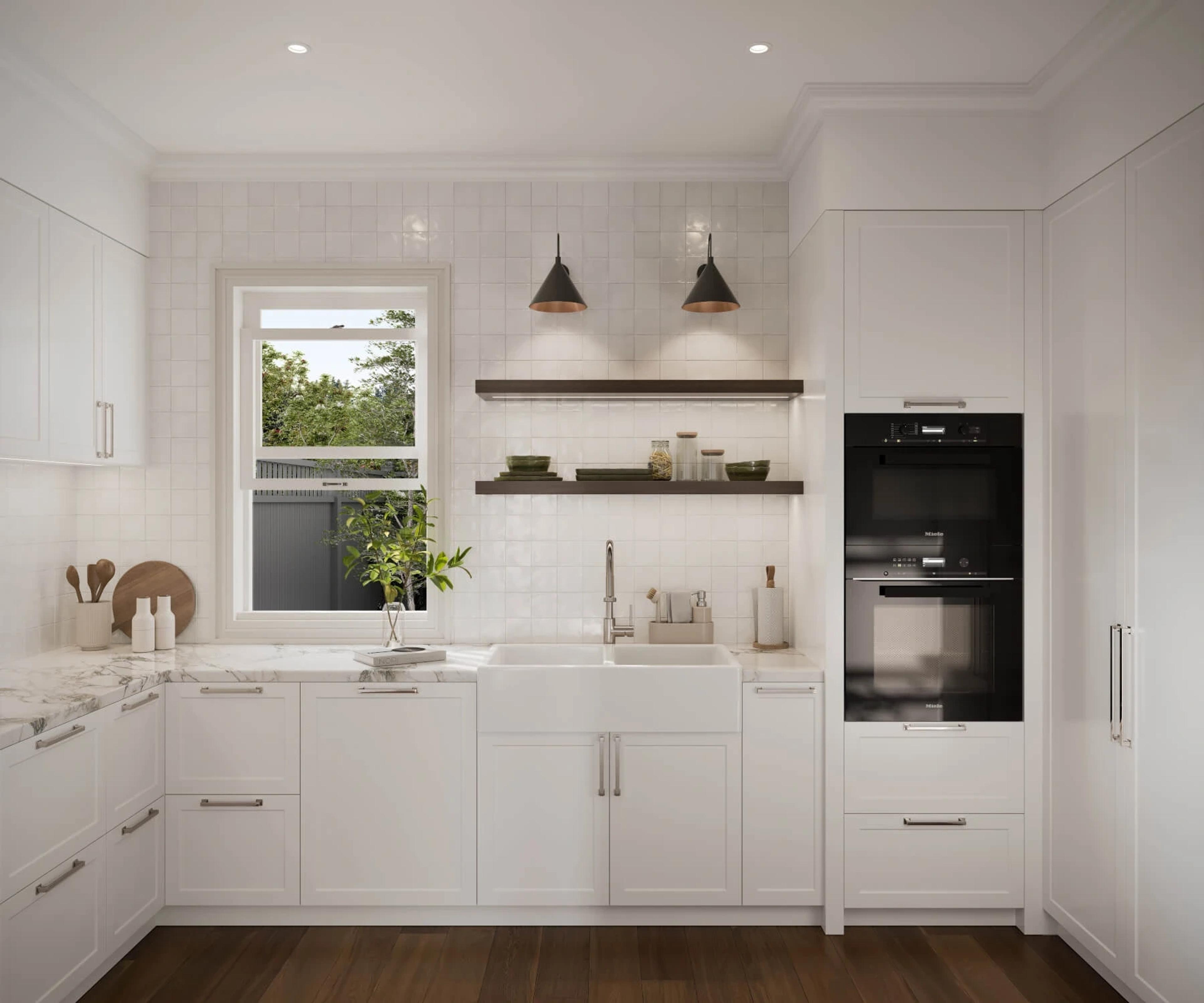 White kitchen with tiled splashback, farmhouse sink and window