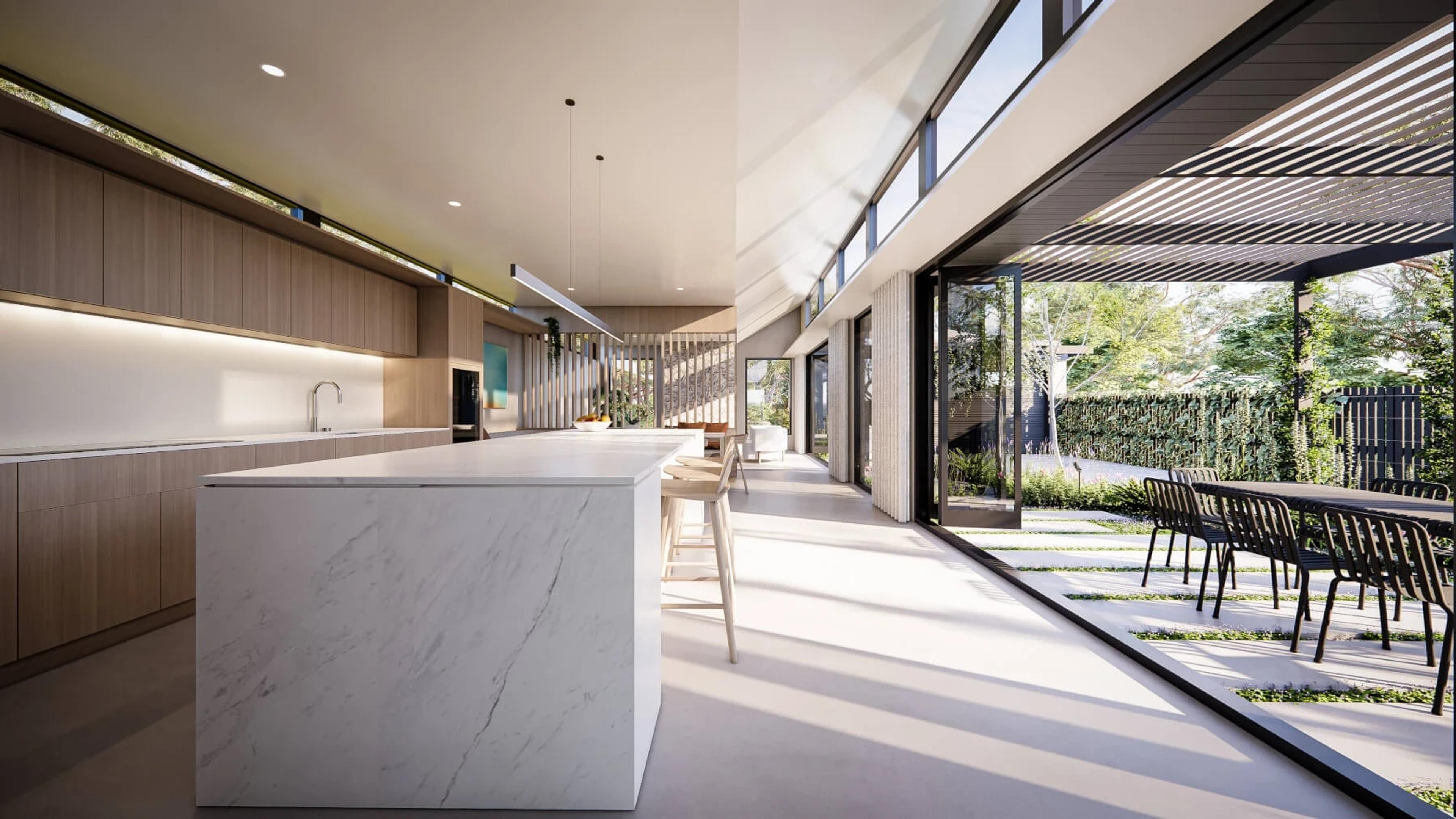 Kitchen bench opening to covered outdoor dining under pergola