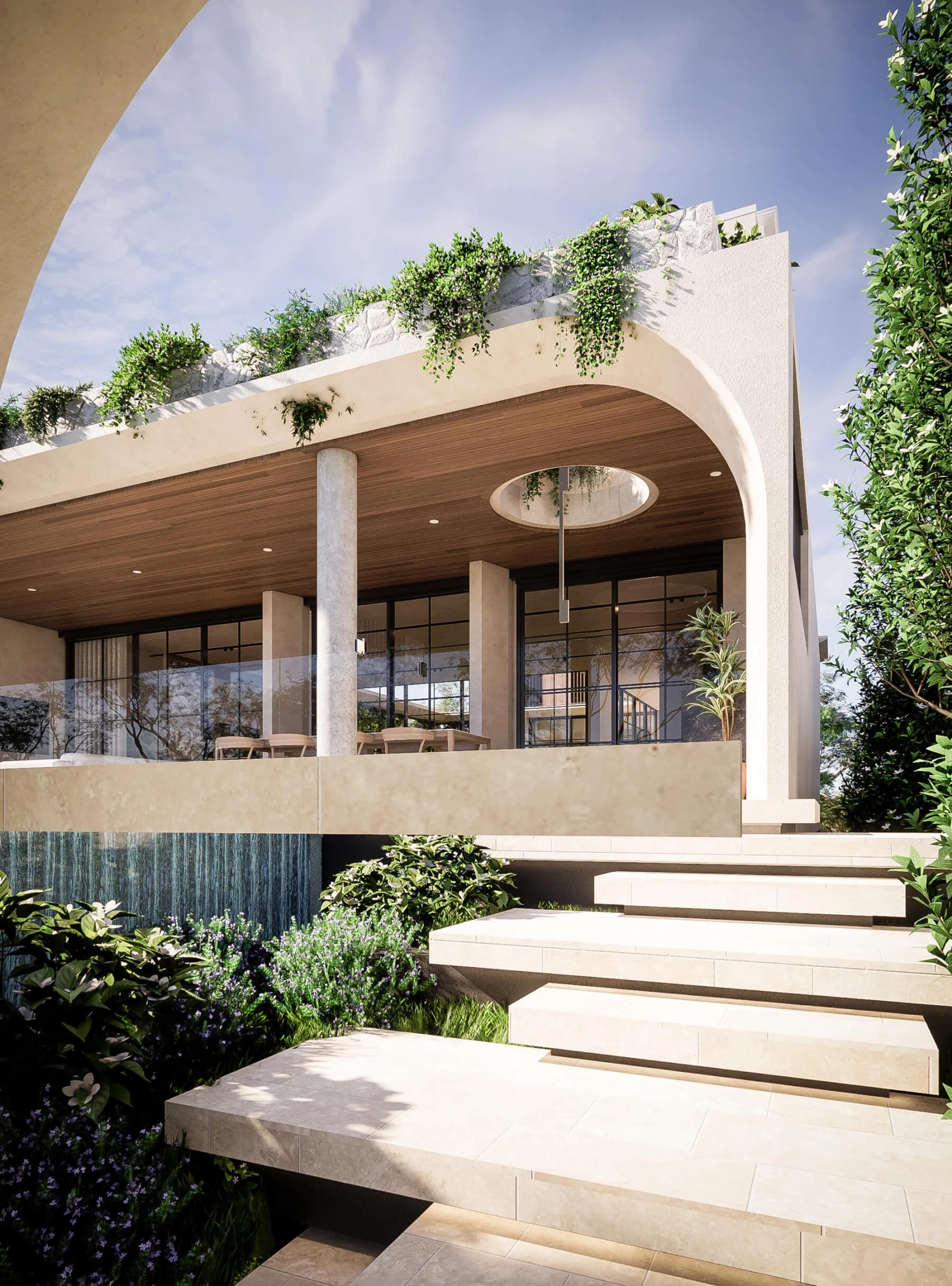 Exterior render of terrace with stone steps and garden