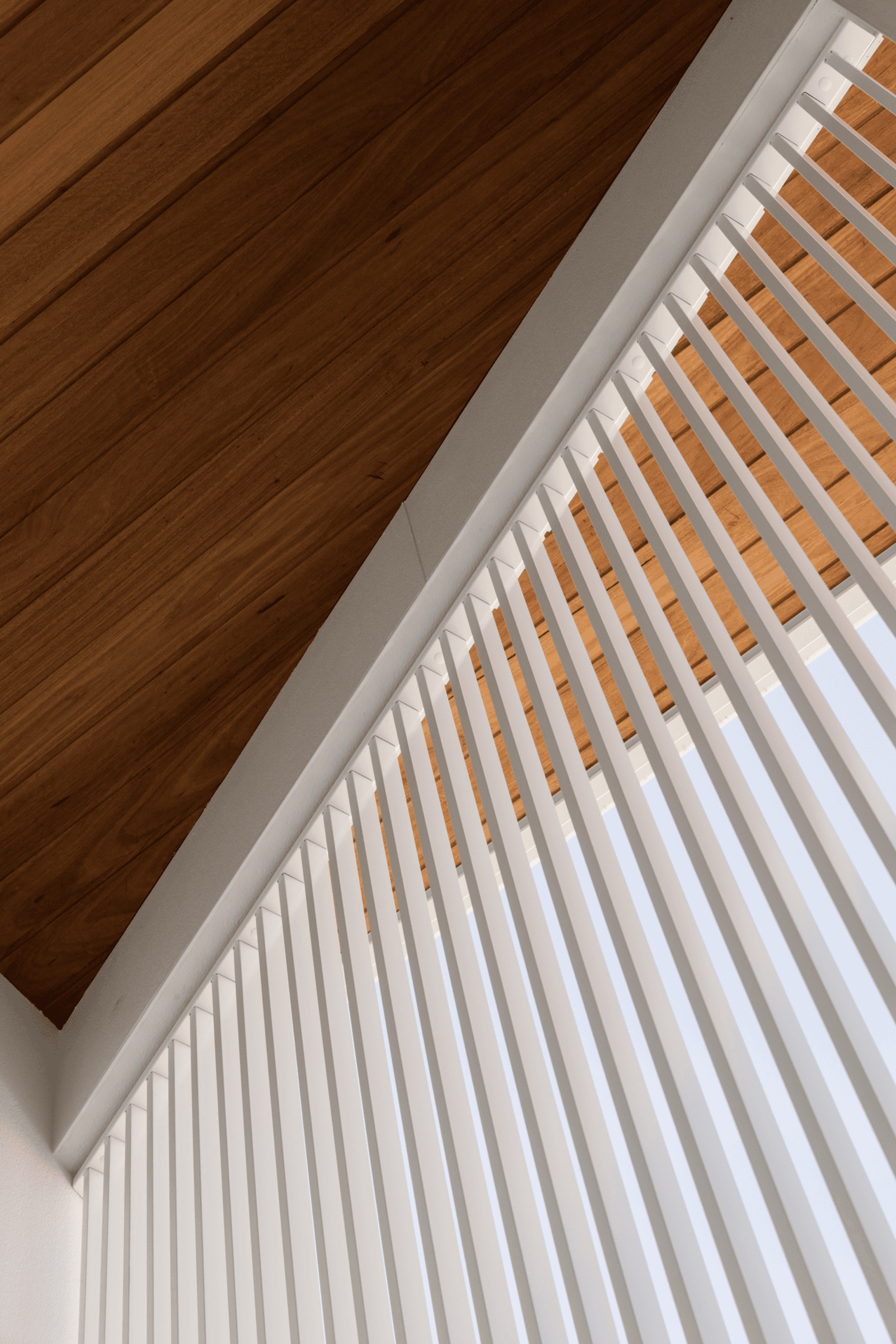 Detail of timber ceiling meeting white slatted screen