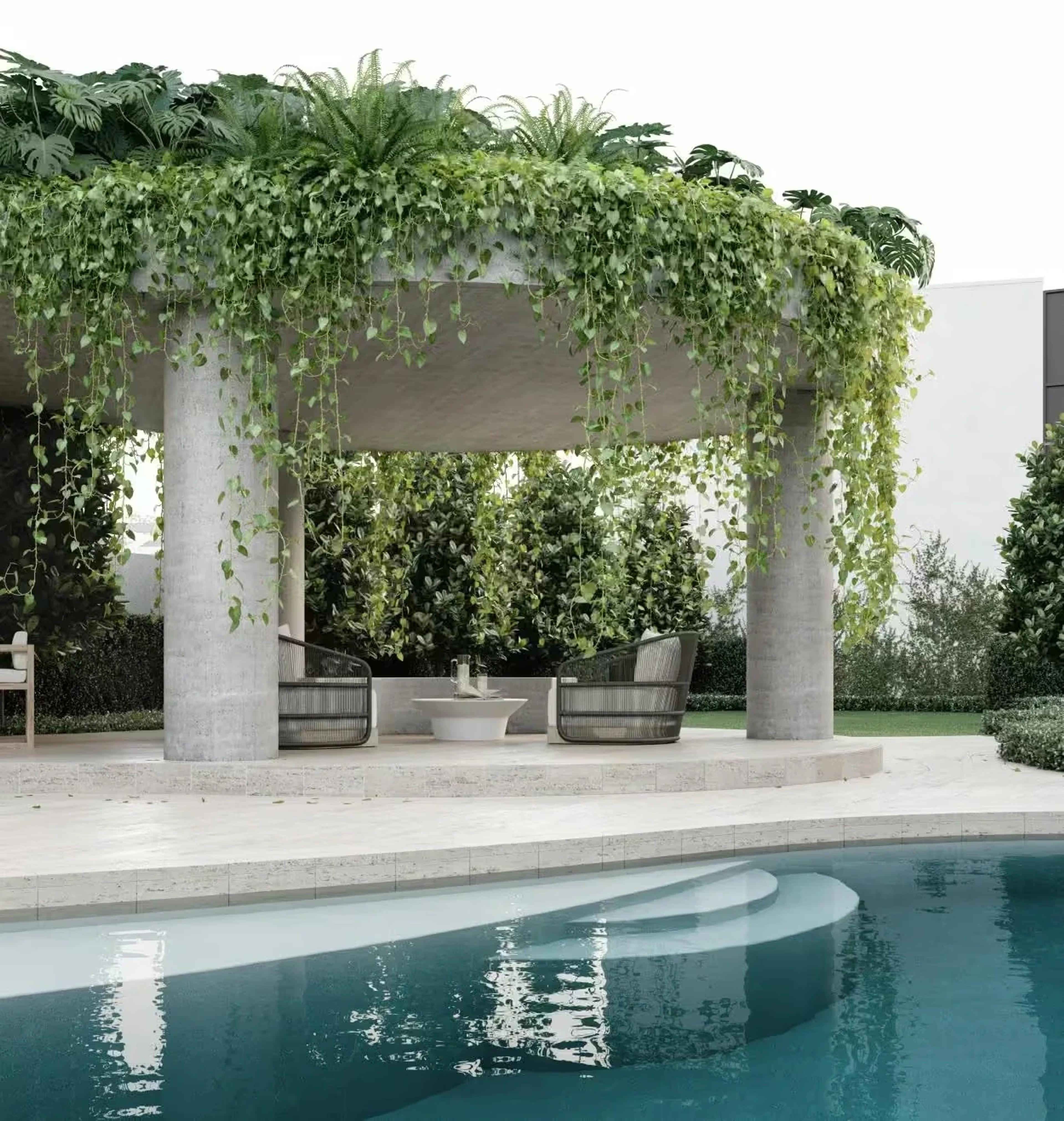 Poolside pavilion with columns, cascading plants and lounge chairs