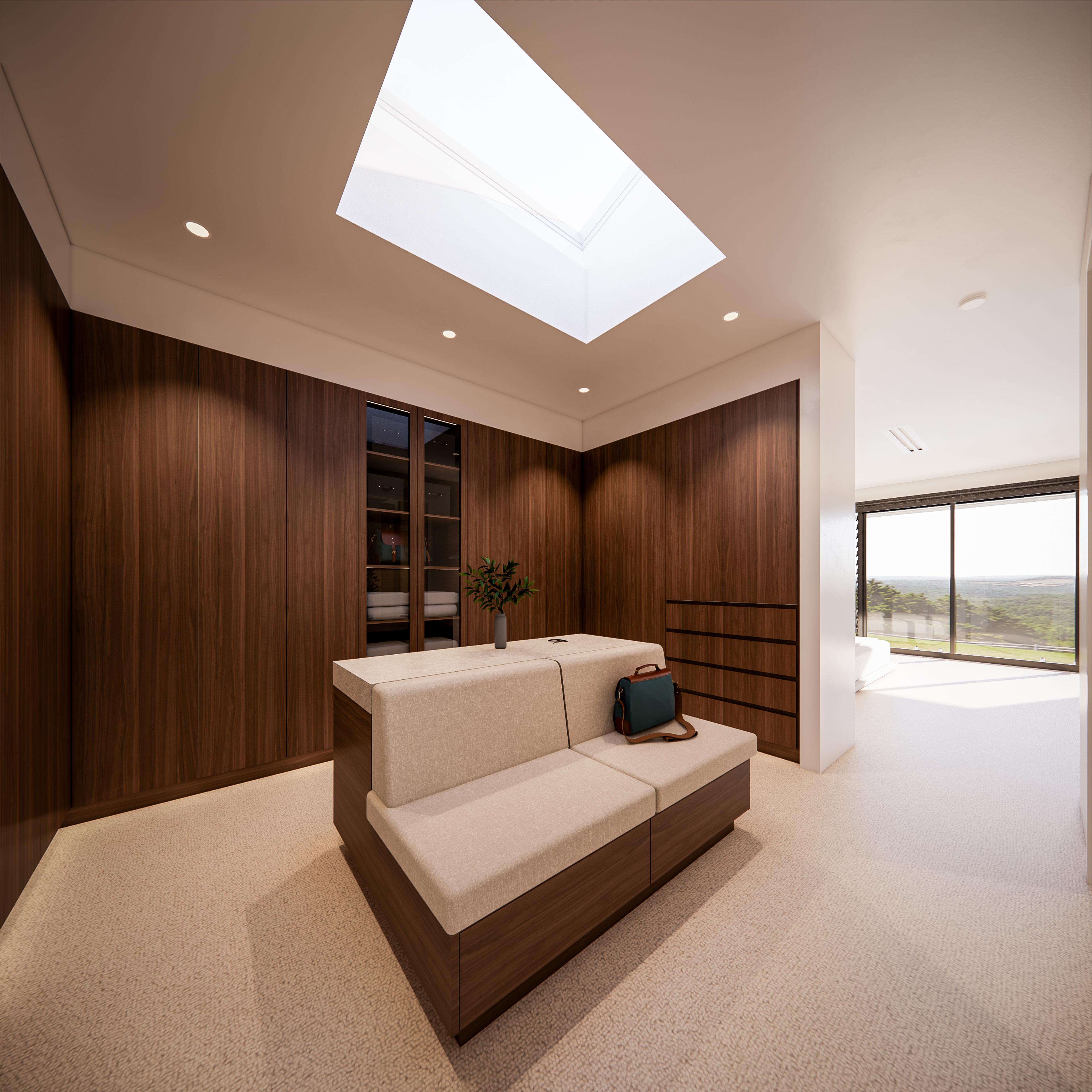 Dressing room with walnut joinery, glass display cabinet and upholstered bench opening to a carpeted bedroom with views