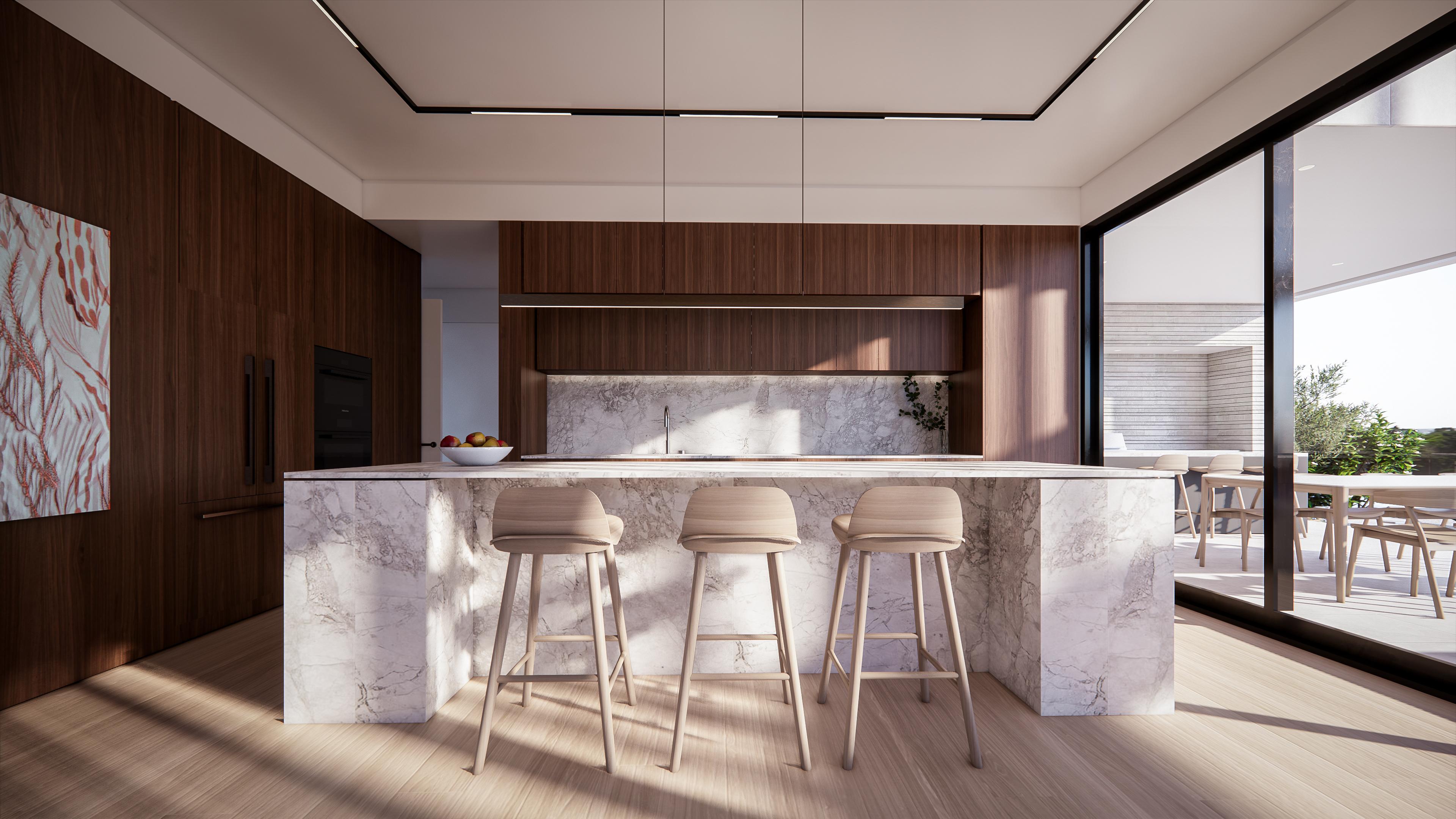 Marble waterfall island with timber stools set against rich walnut joinery and a marble splashback