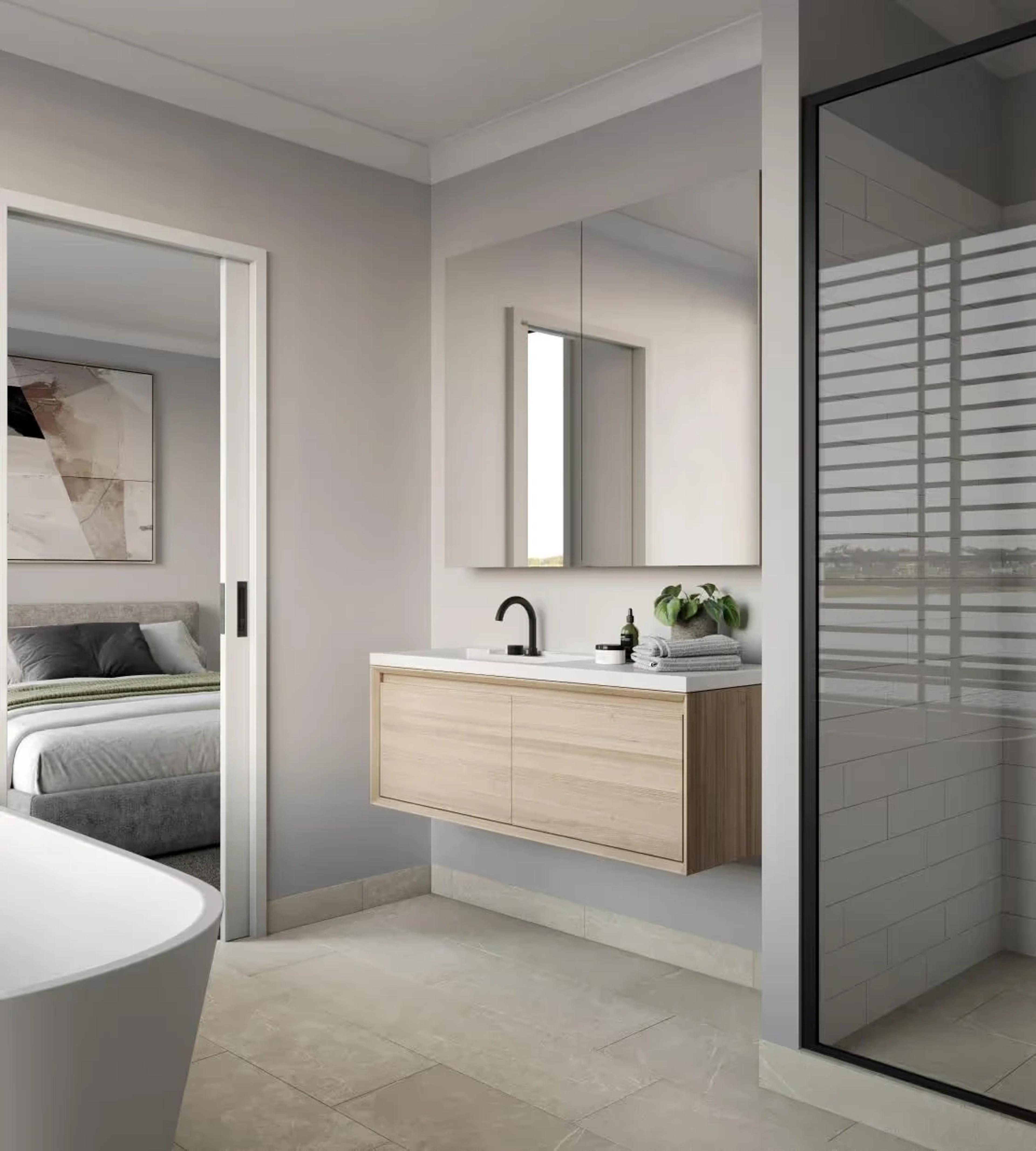 Ensuite bathroom with timber vanity, mirror and glass shower