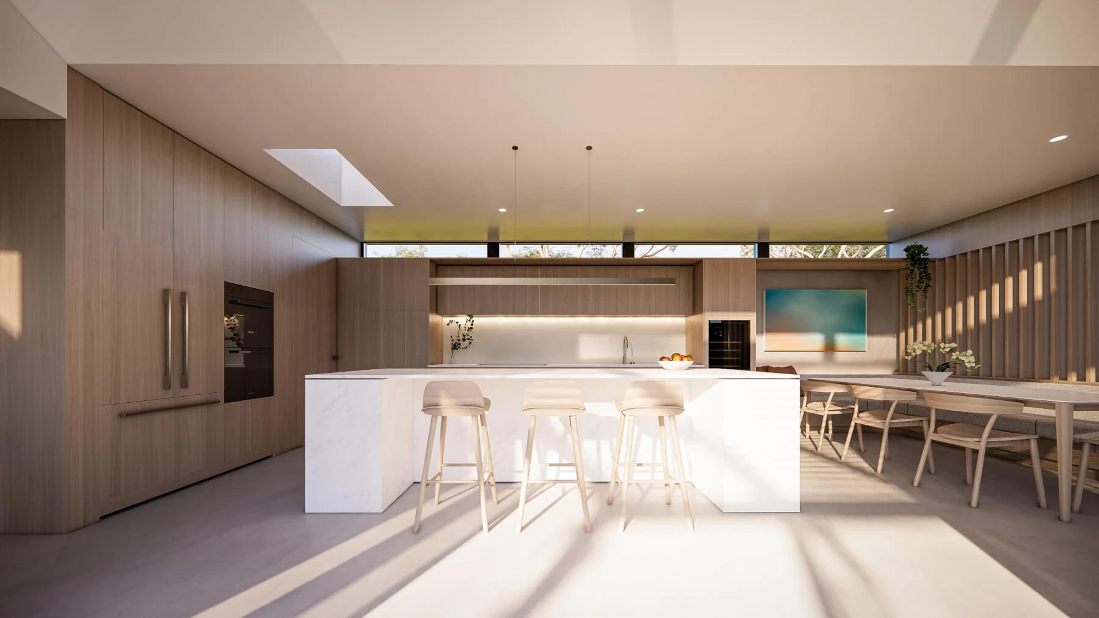 Timber kitchen with white marble island and bar stools