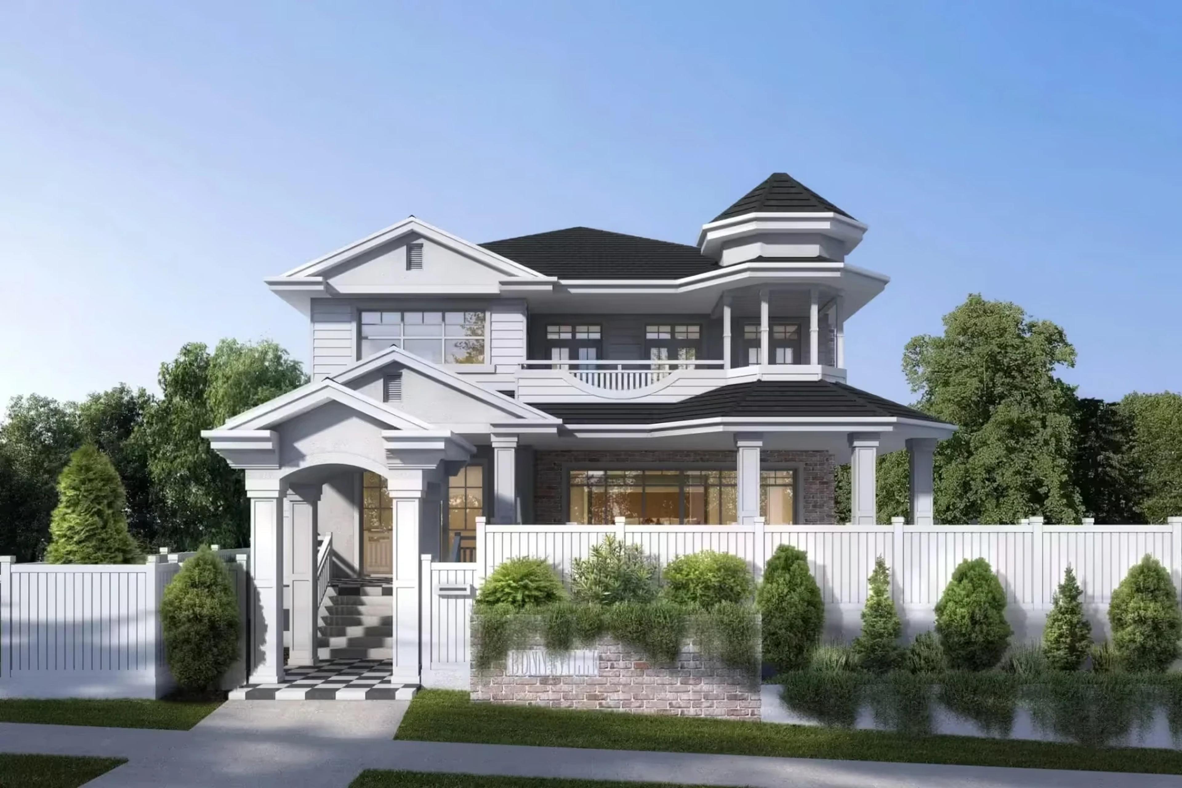 Two storey home facade with white picket fence and portico entry