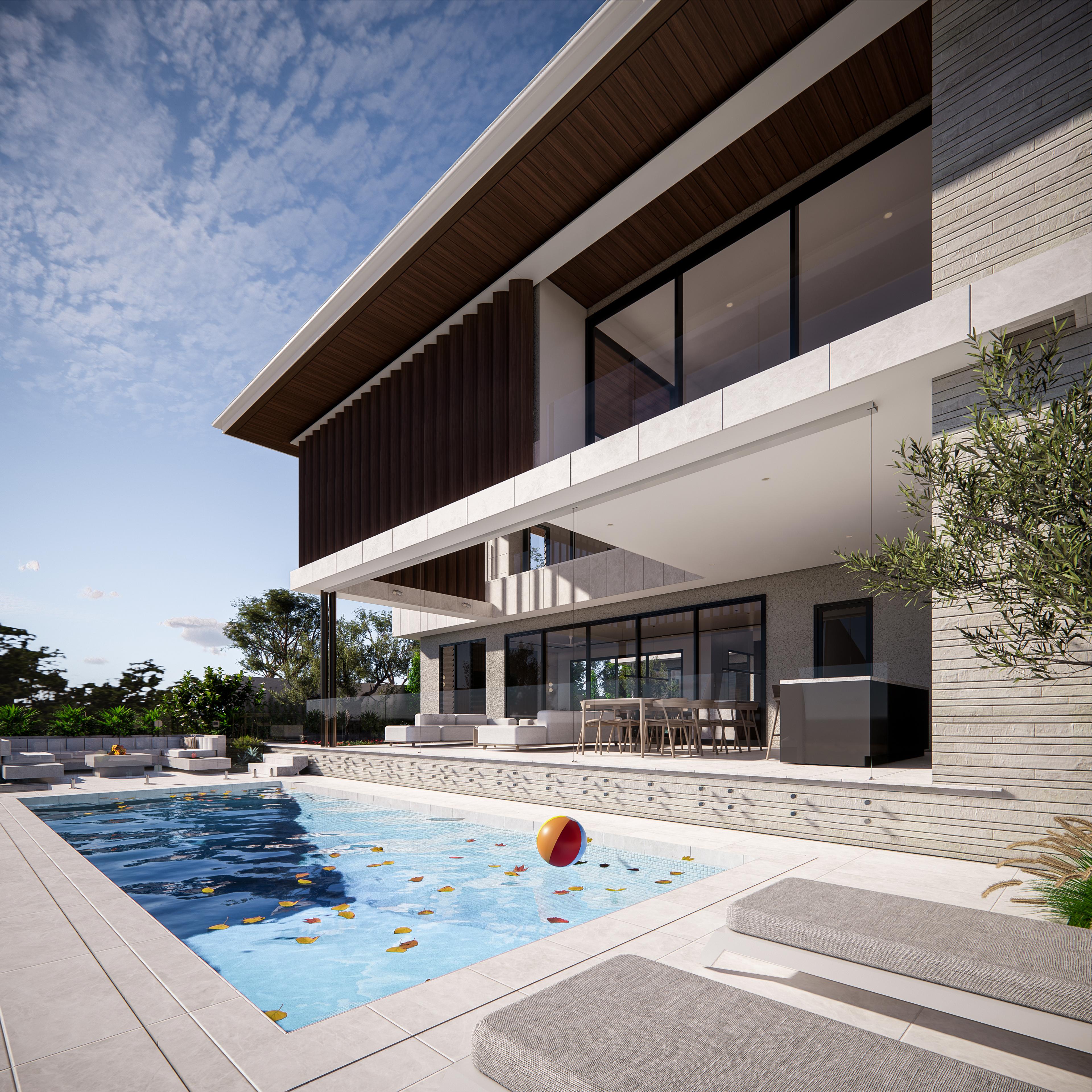 Poolside view along the covered alfresco and outdoor lounge beneath the curved timber batten upper storey