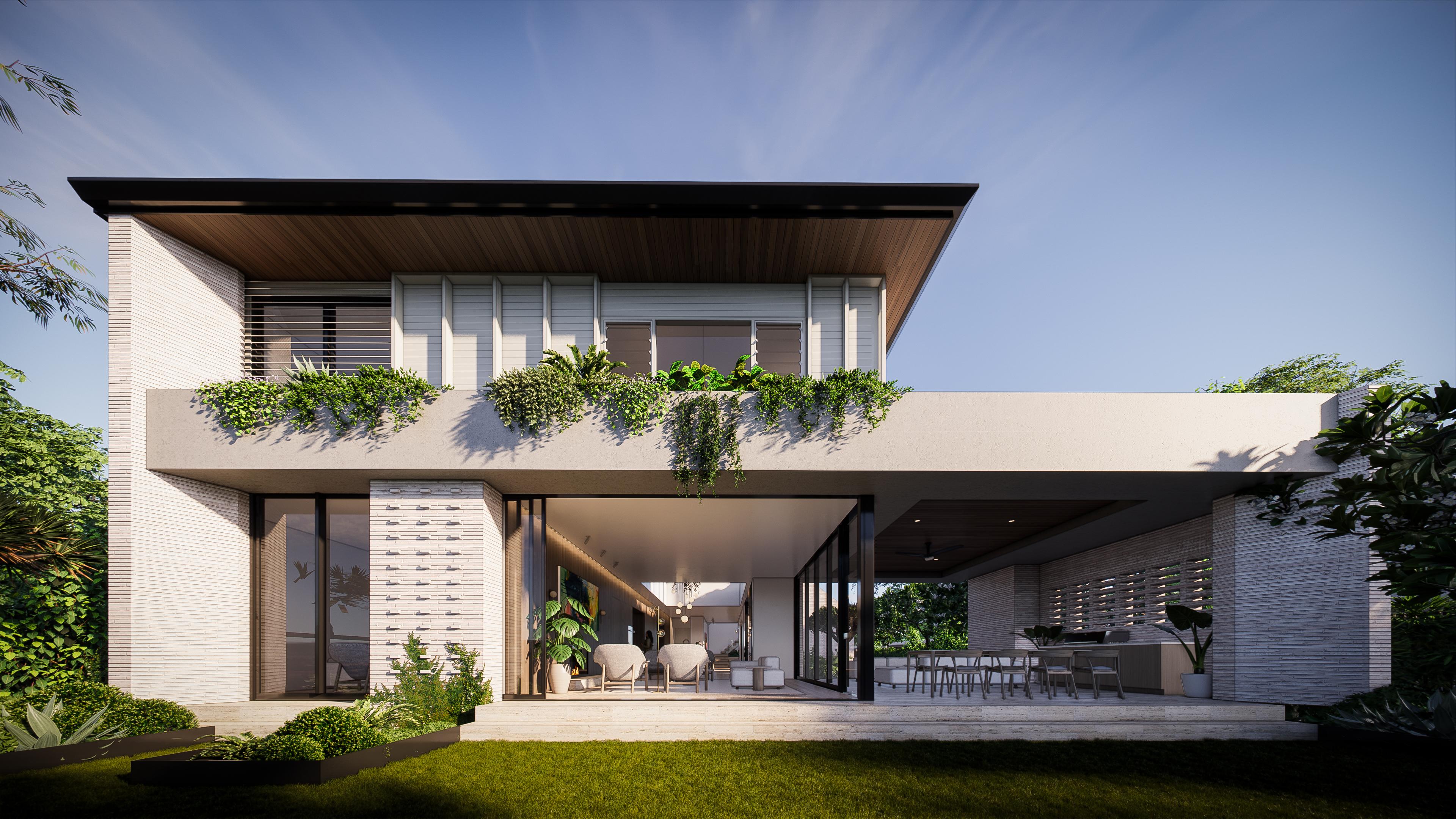 Two storey rear pavilion with retractable glass walls opening living and outdoor dining to the lawn under a floating roof