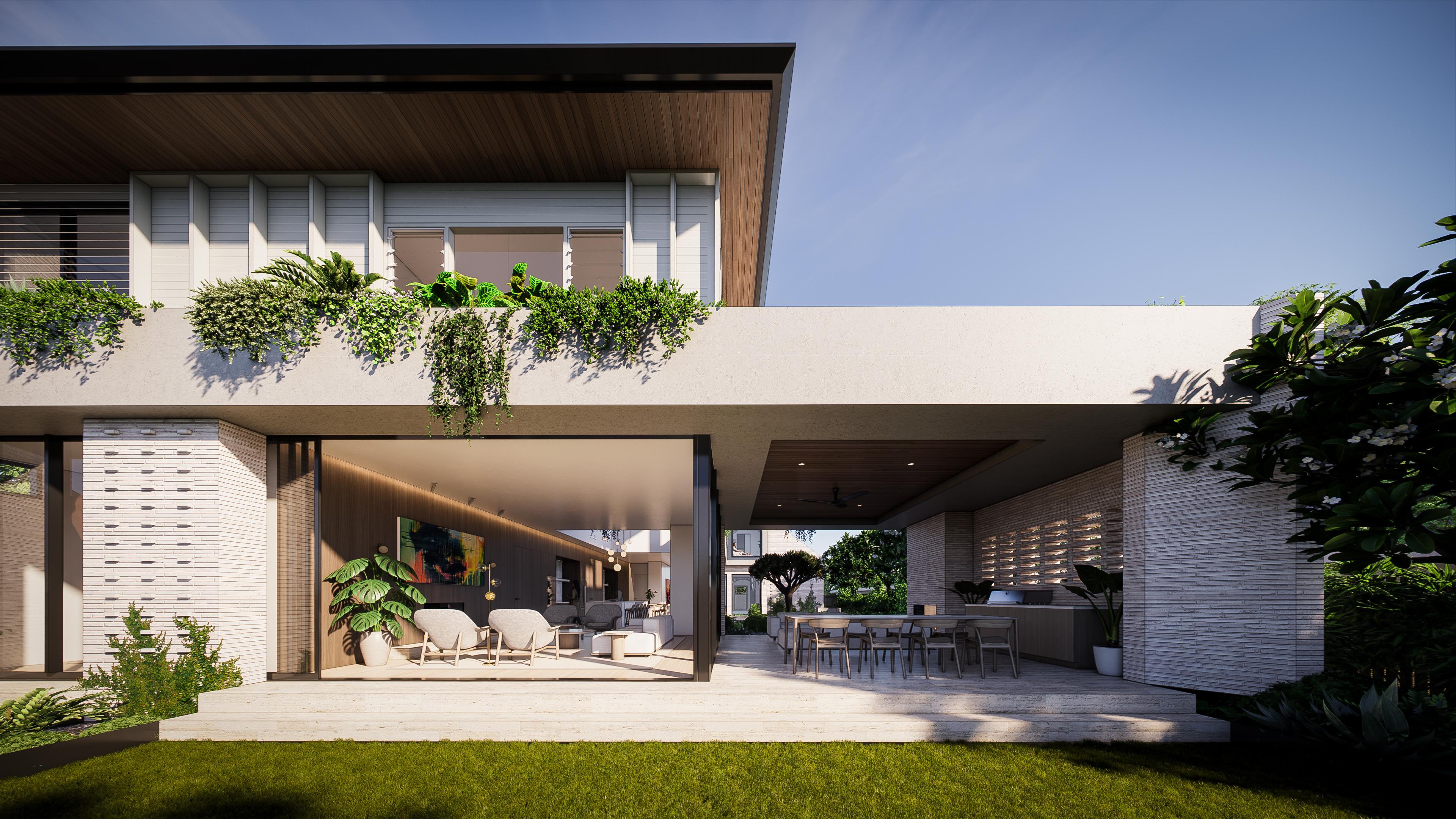 Covered rear terrace with timber ceiling, outdoor lounge and dining seen beneath a deep cantilevered concrete awning
