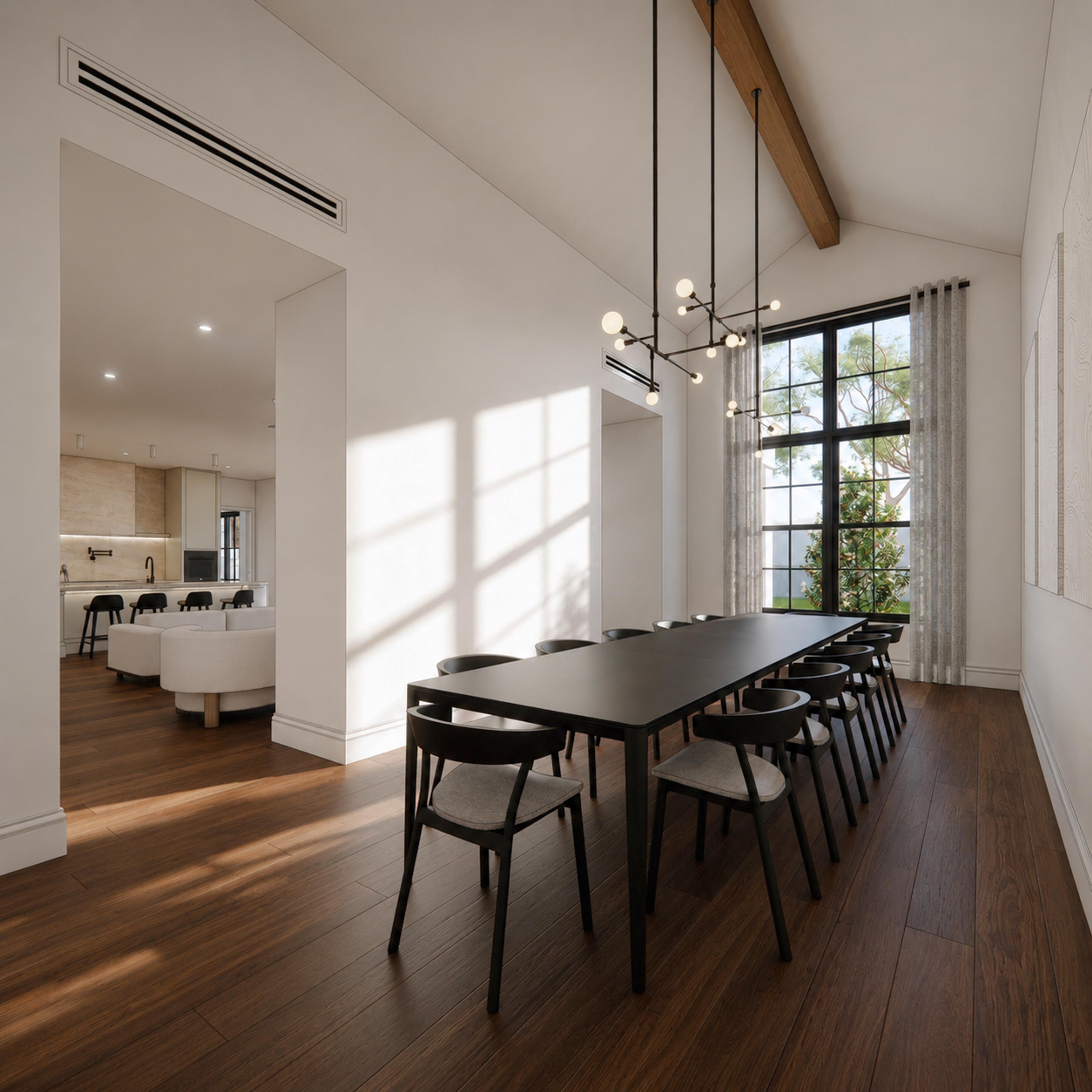 Formal dining room with long black table, sculptural chandelier, vaulted ceiling with timber beam and view to kitchen