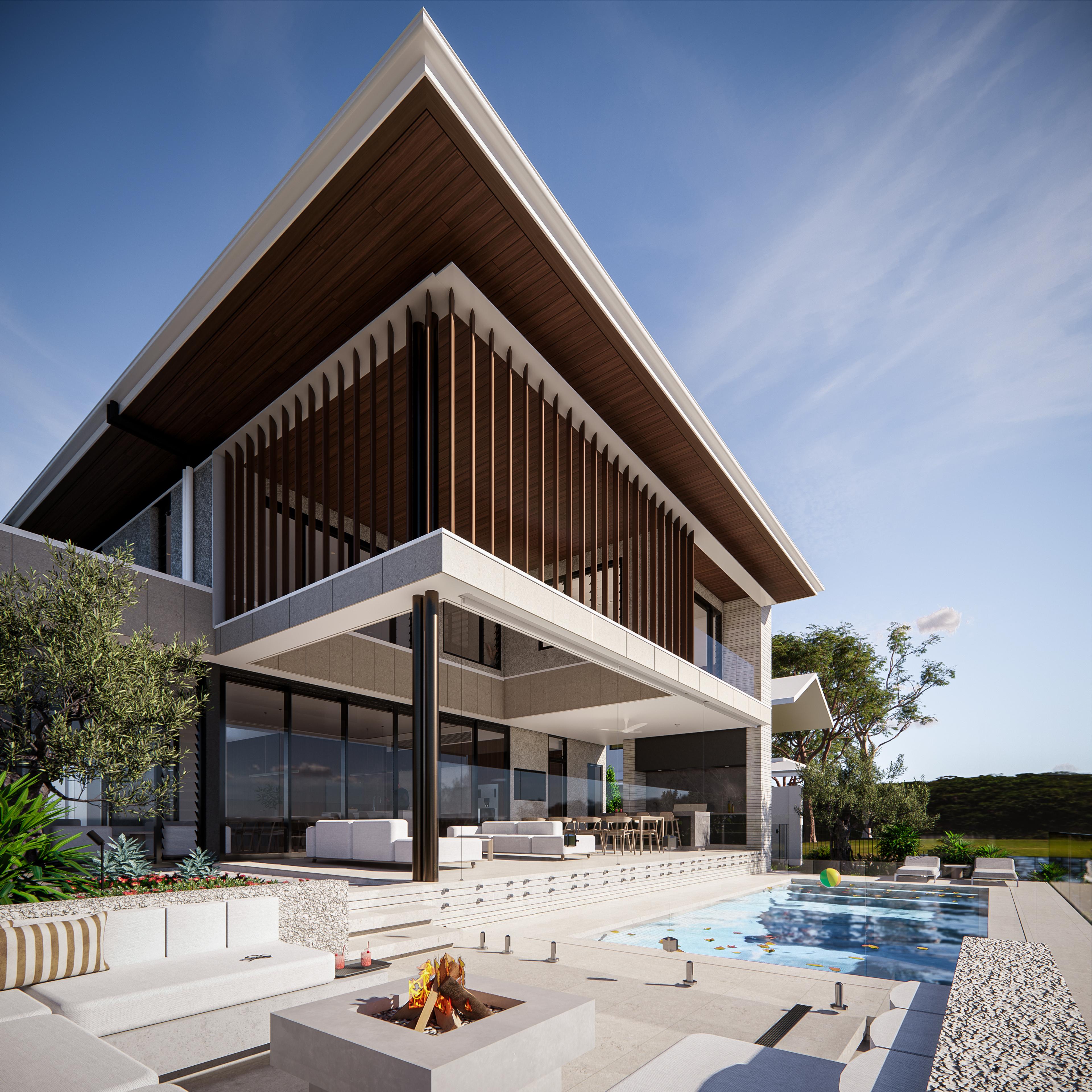 Daytime rear terrace with lit square firepit, lounge seating and pool below the dramatic upswept roofline
