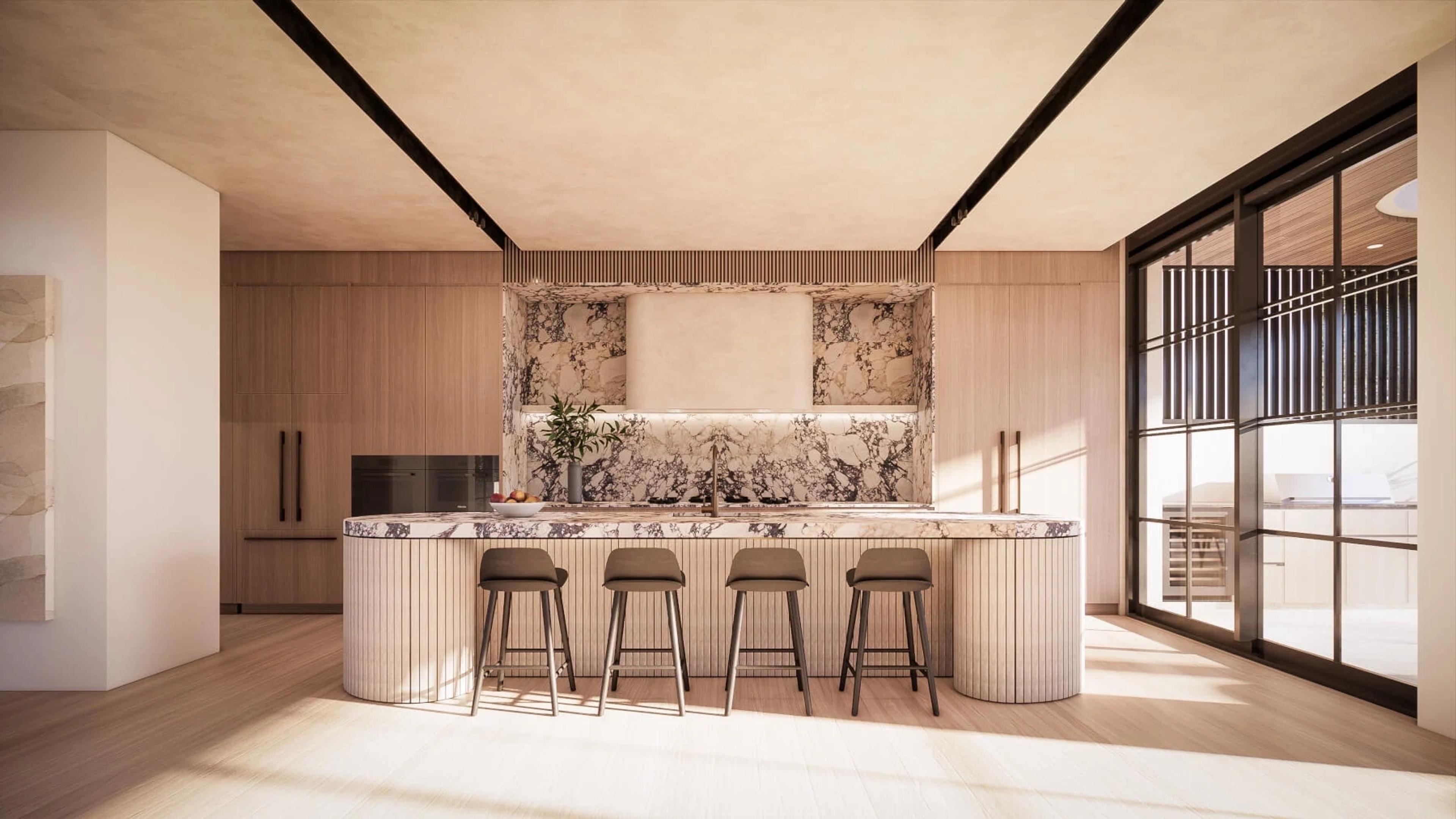 Kitchen render with fluted island, marble splashback and timber joinery
