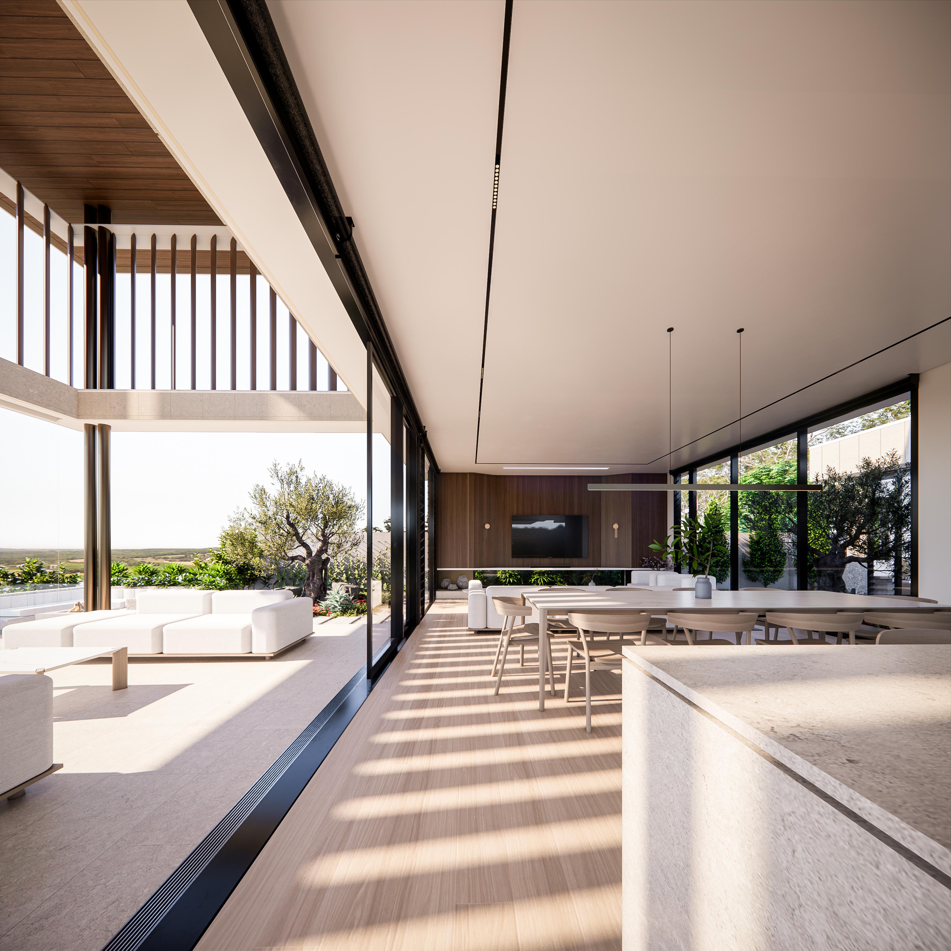 Timber-floored dining and living space with stone island, television wall and expansive lake outlook beyond