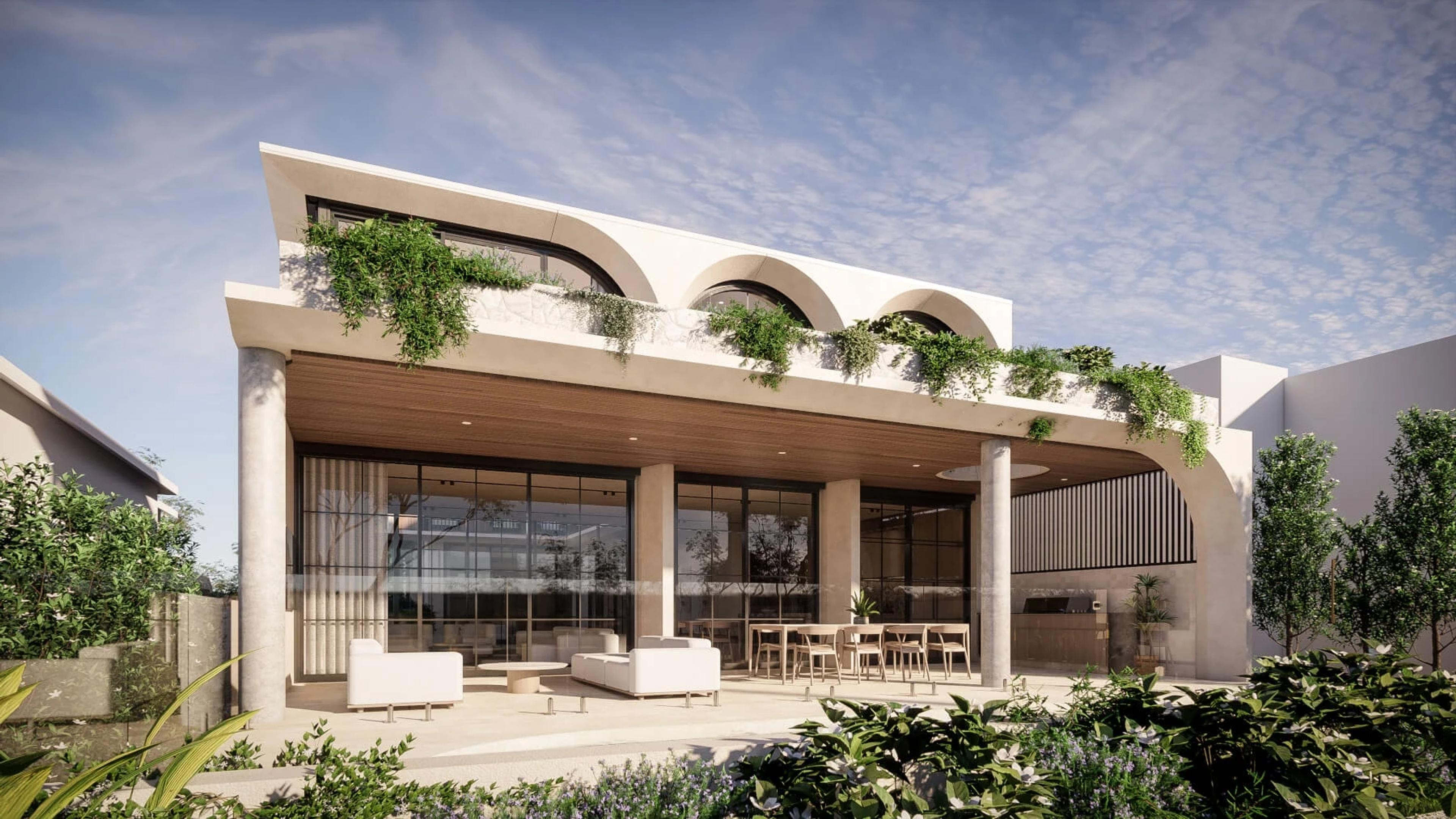 Rear elevation render with arched roofline and covered alfresco