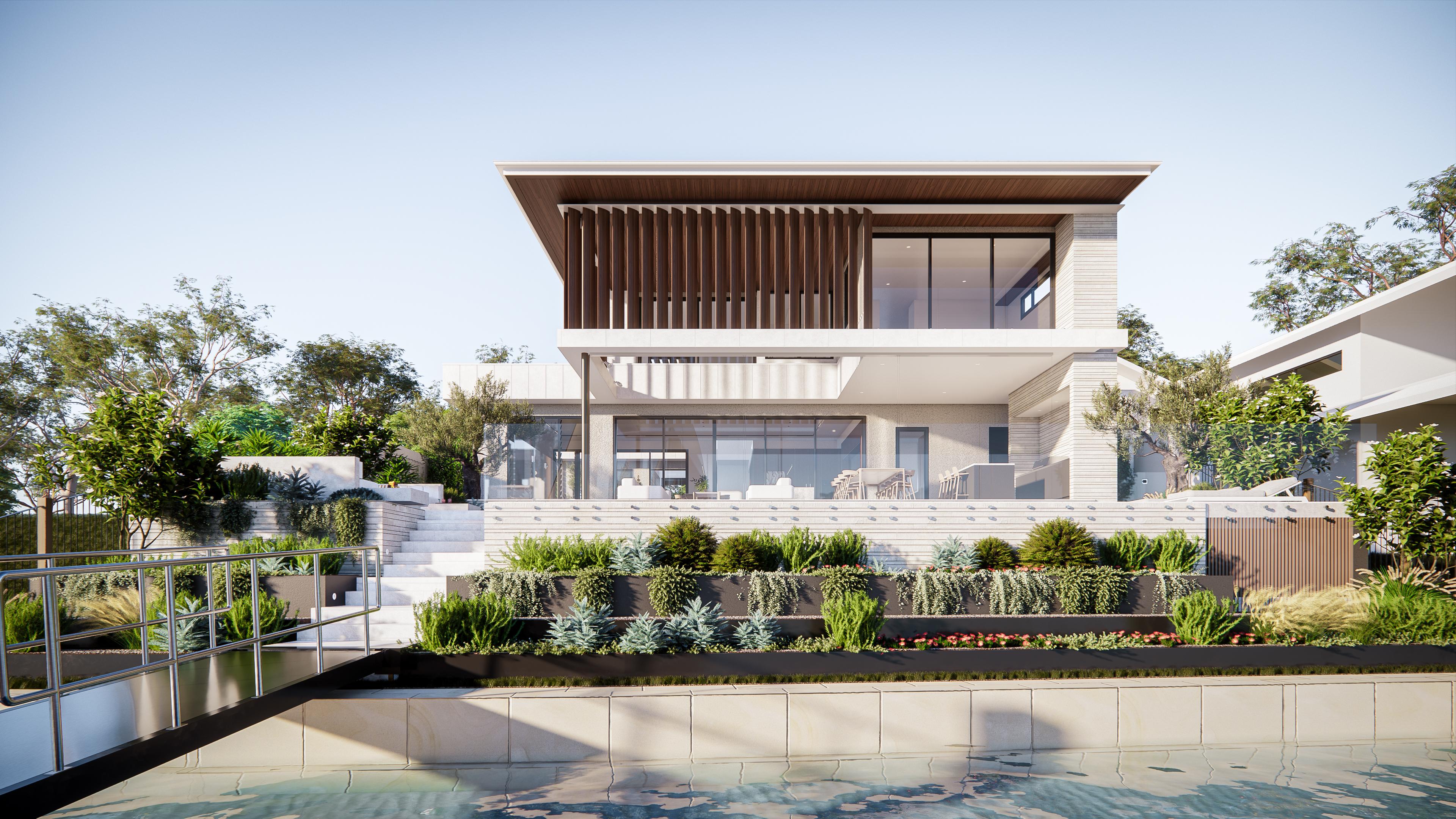 Rear elevation viewed across the pool showing timber batten screen, terraced gardens and glazed living pavilion