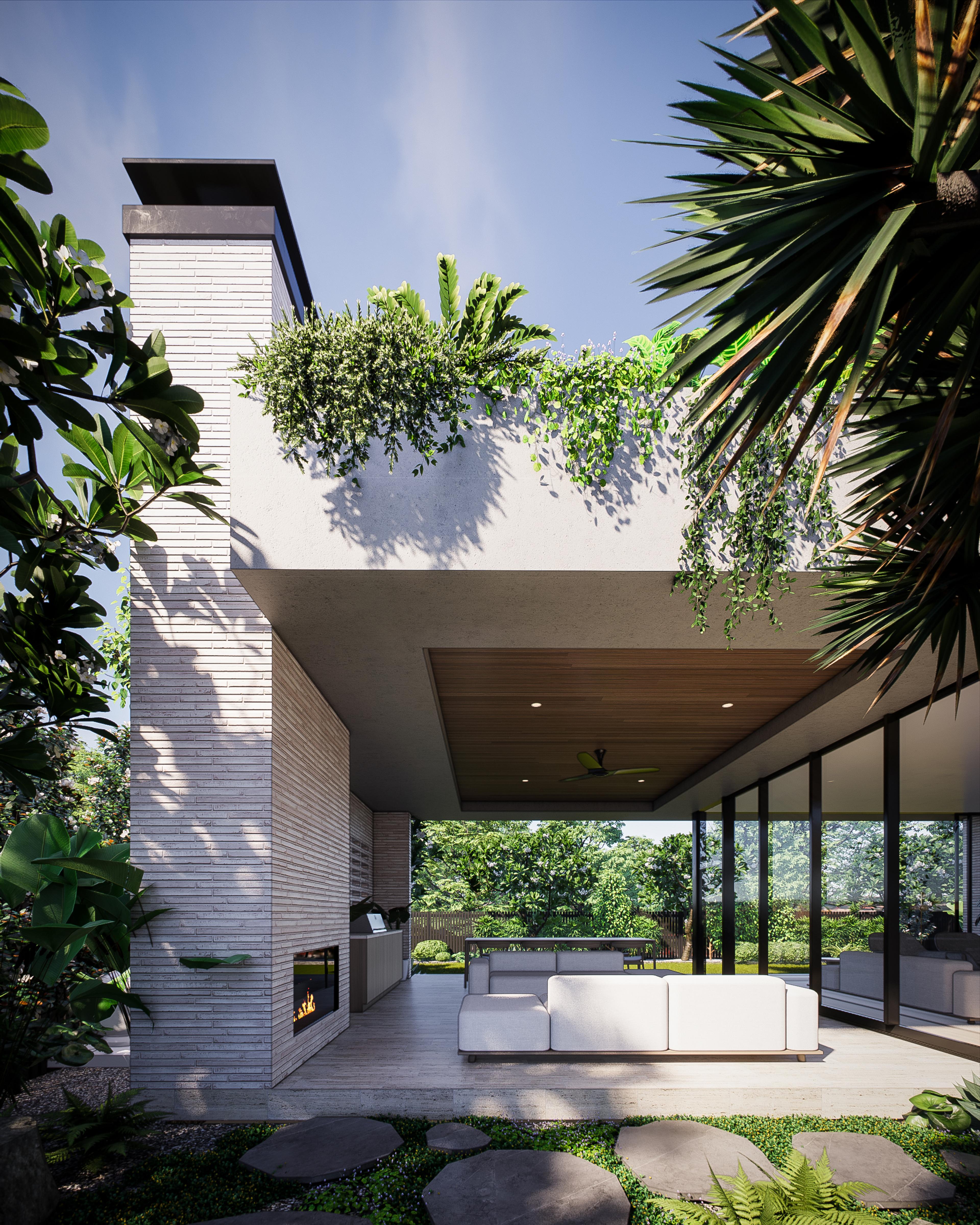 Alfresco living zone beneath a soaring white brick chimney with timber soffit, ceiling fan and full height garden glazing