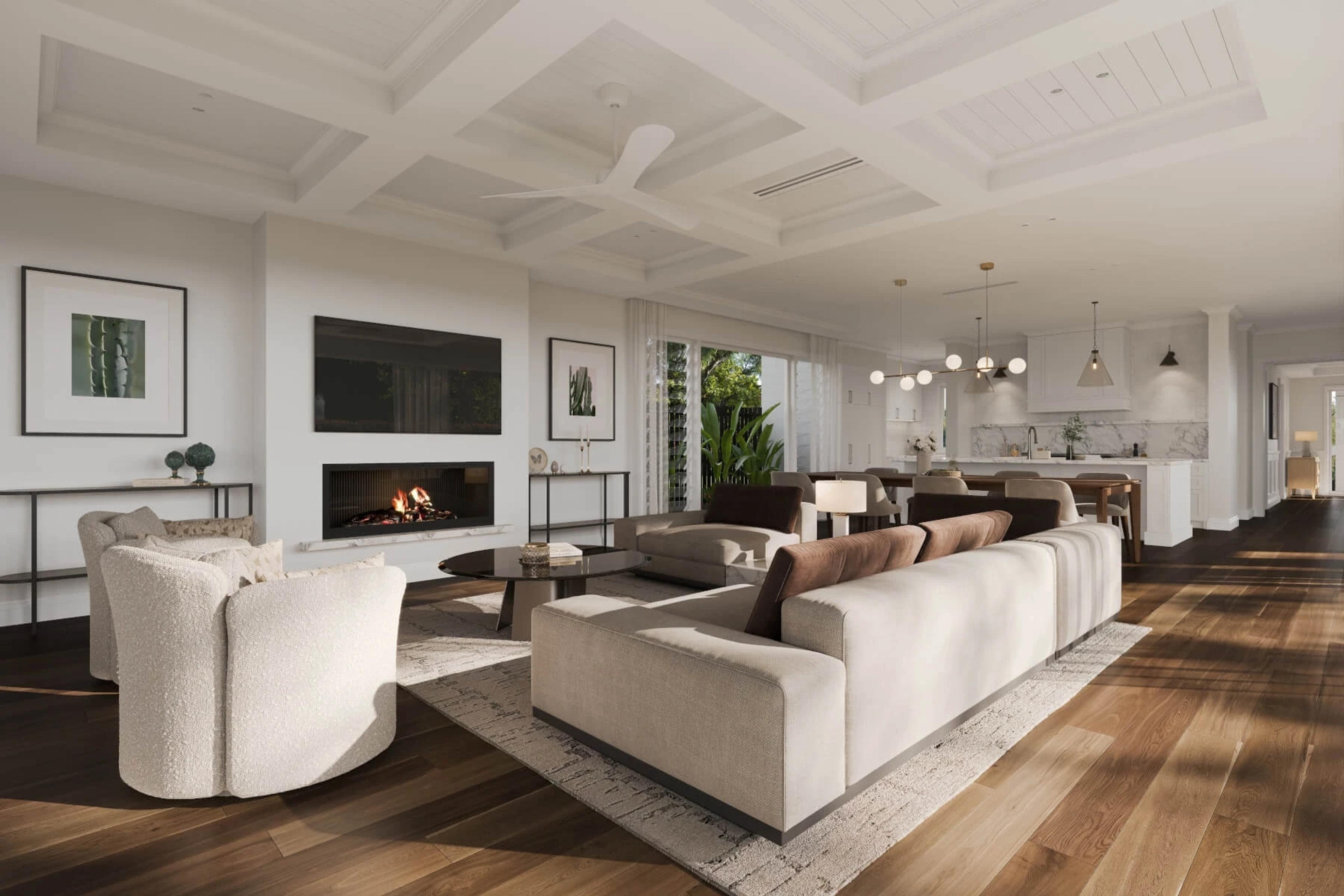 Open plan living room with fireplace and coffered ceiling