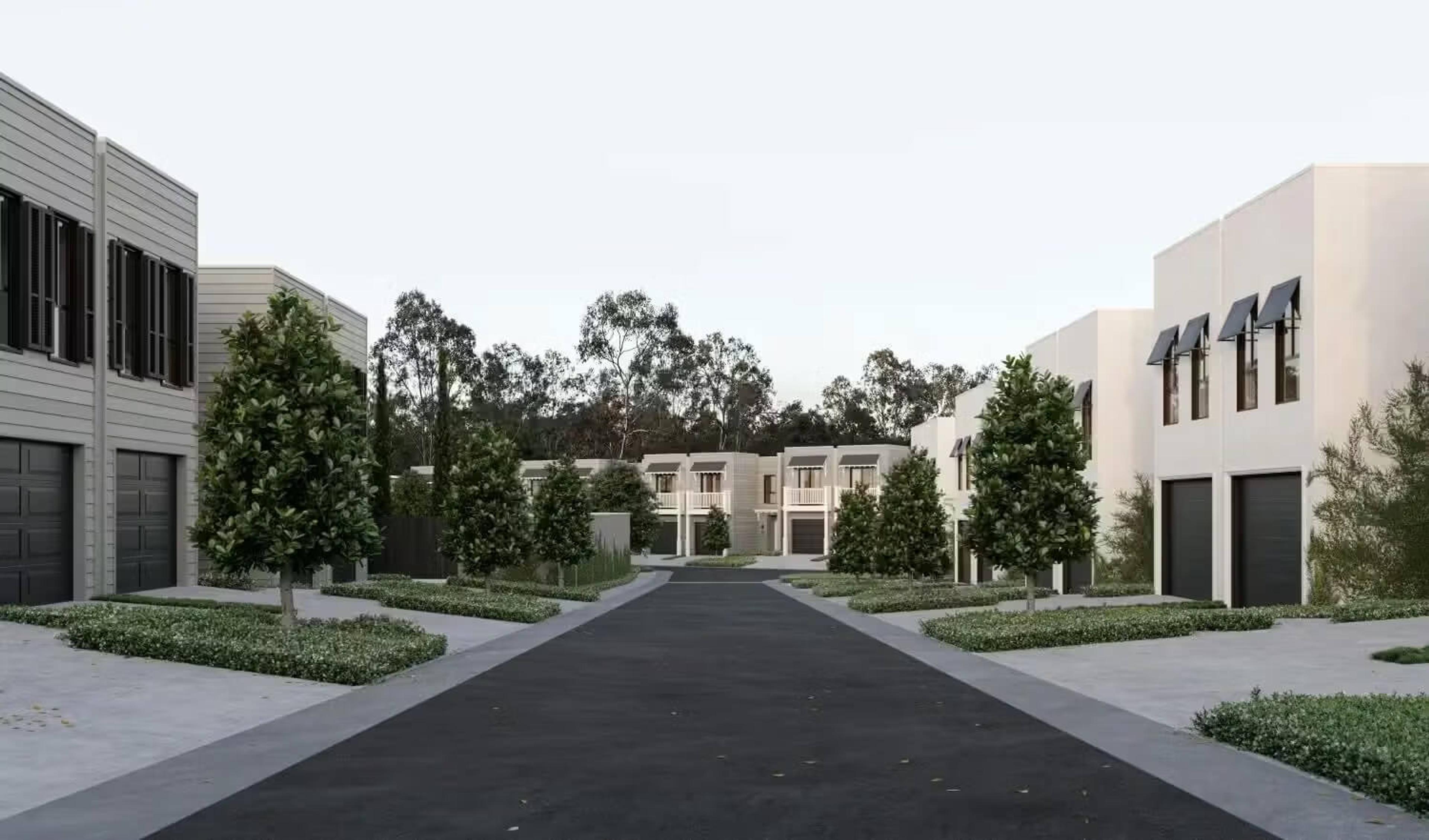 Front elevation render of two storey townhouses with garages