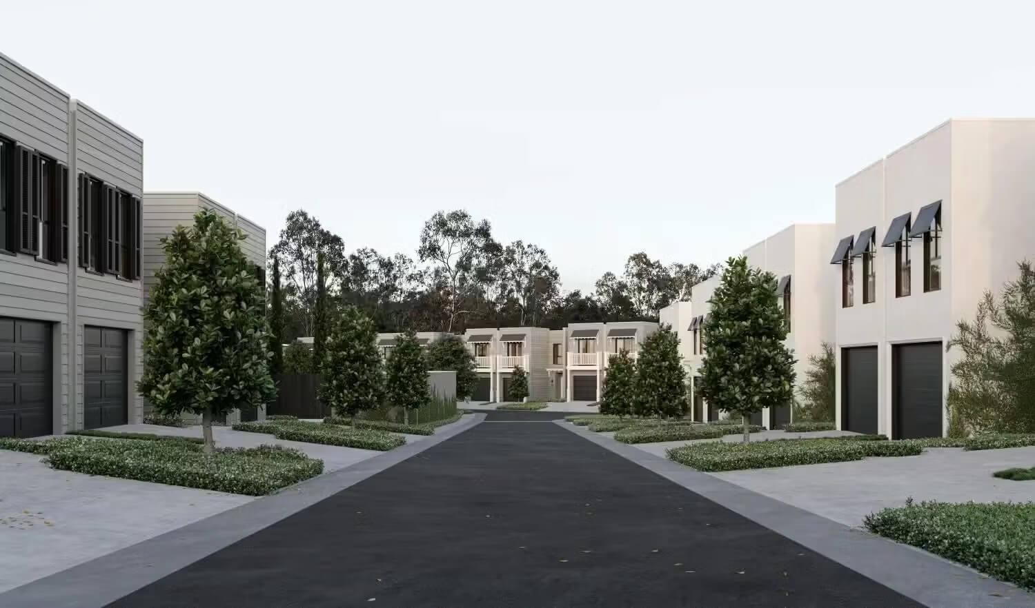 Front elevation render of two storey townhouses with garages