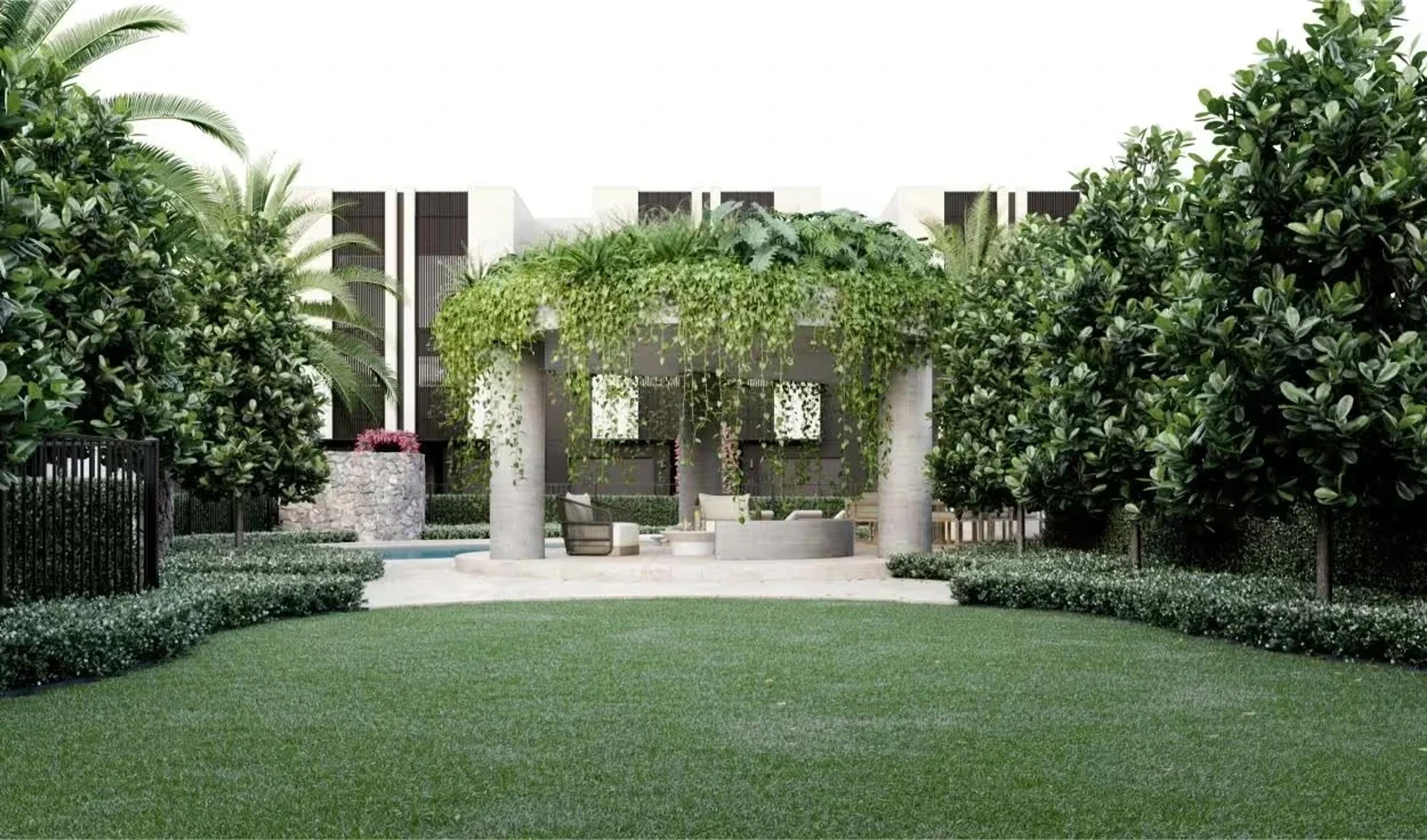 Landscaped garden with planted pavilion, hedges and lawn