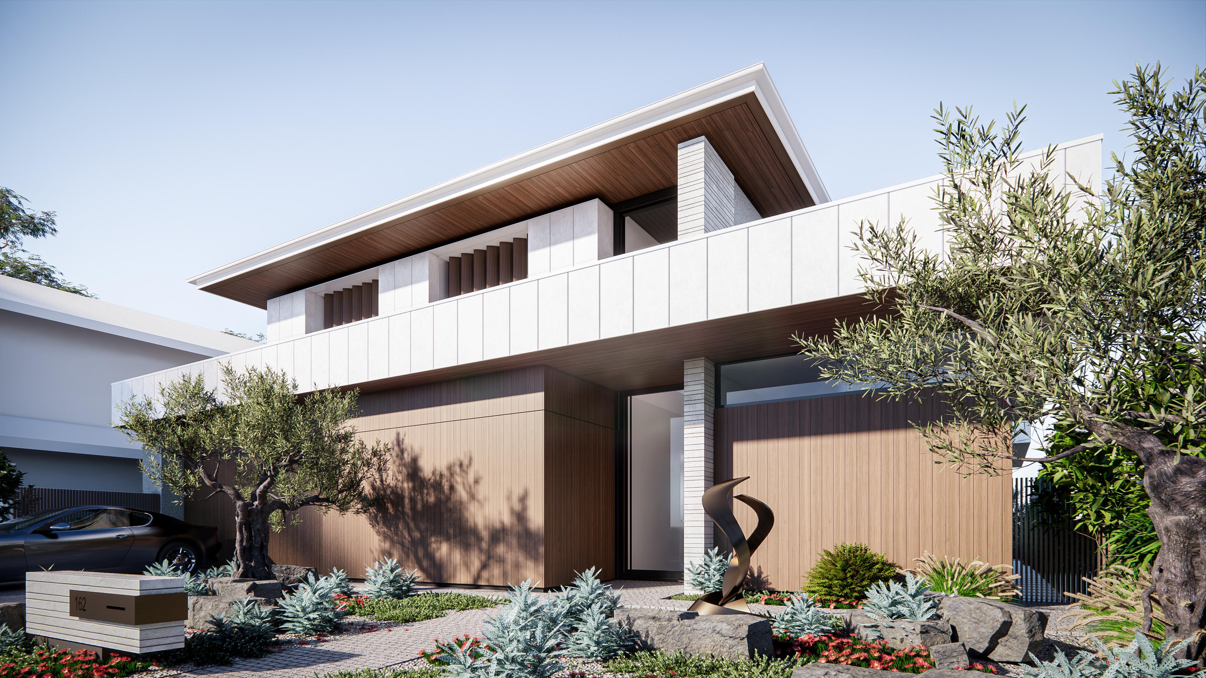Angled view of the entry with brick pier, timber portal and landscaped native garden beneath a steep raking roof