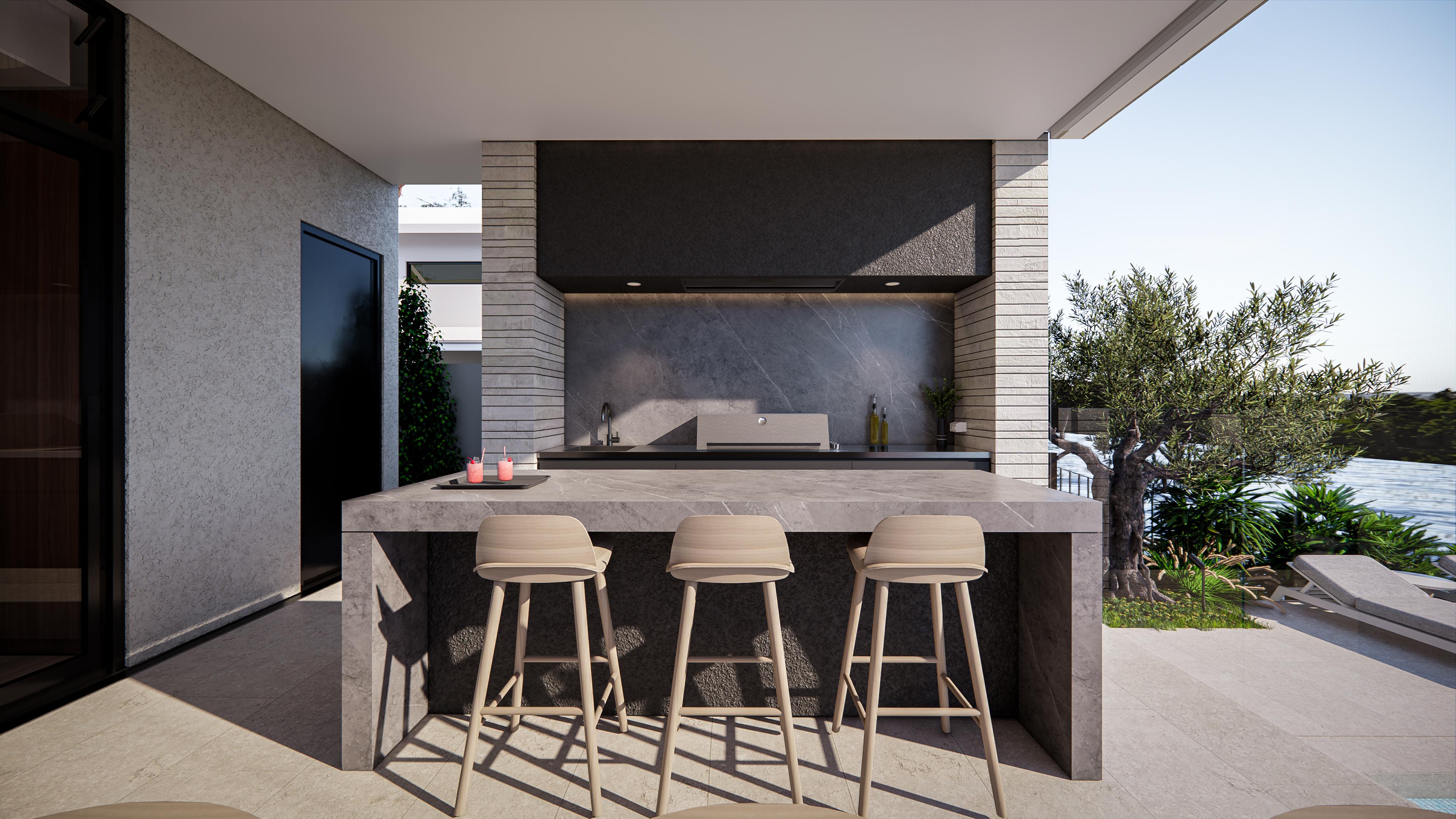 Outdoor kitchen with stone bar island, timber stools, integrated barbecue and marble splashback beside the pool